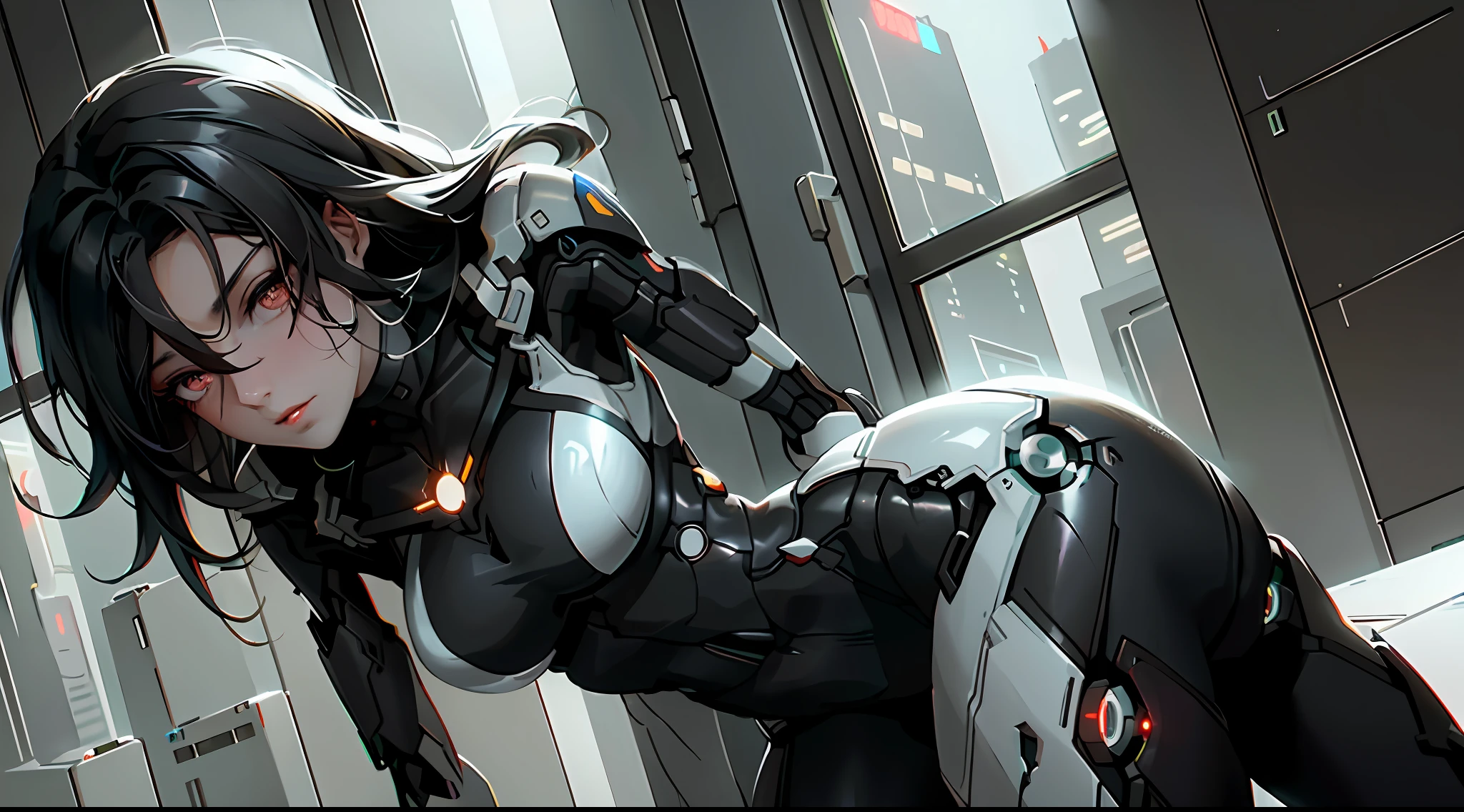 A Brazilian woman, straight black hair, futuristic robotic clothing, inside an apartment with large windows, with background images of a futrist city, night image, sober lighting, many computers on the right side, HD