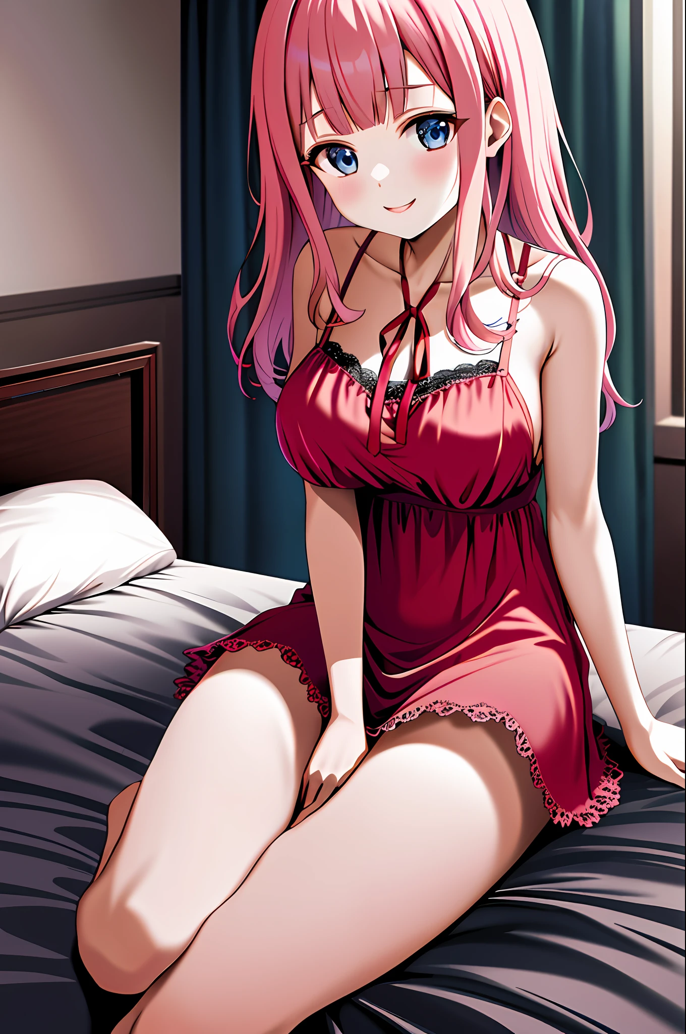 masterpiece, best quality, highres, chika1, fujiwara chika, night dress, lace lingerie, breast out, red ribbon, blunt bangs, neck ribbon, collarbone, collared dress, large breasts, smile, bed, bedroom, sexy pose, sit, spread arm, transparent,