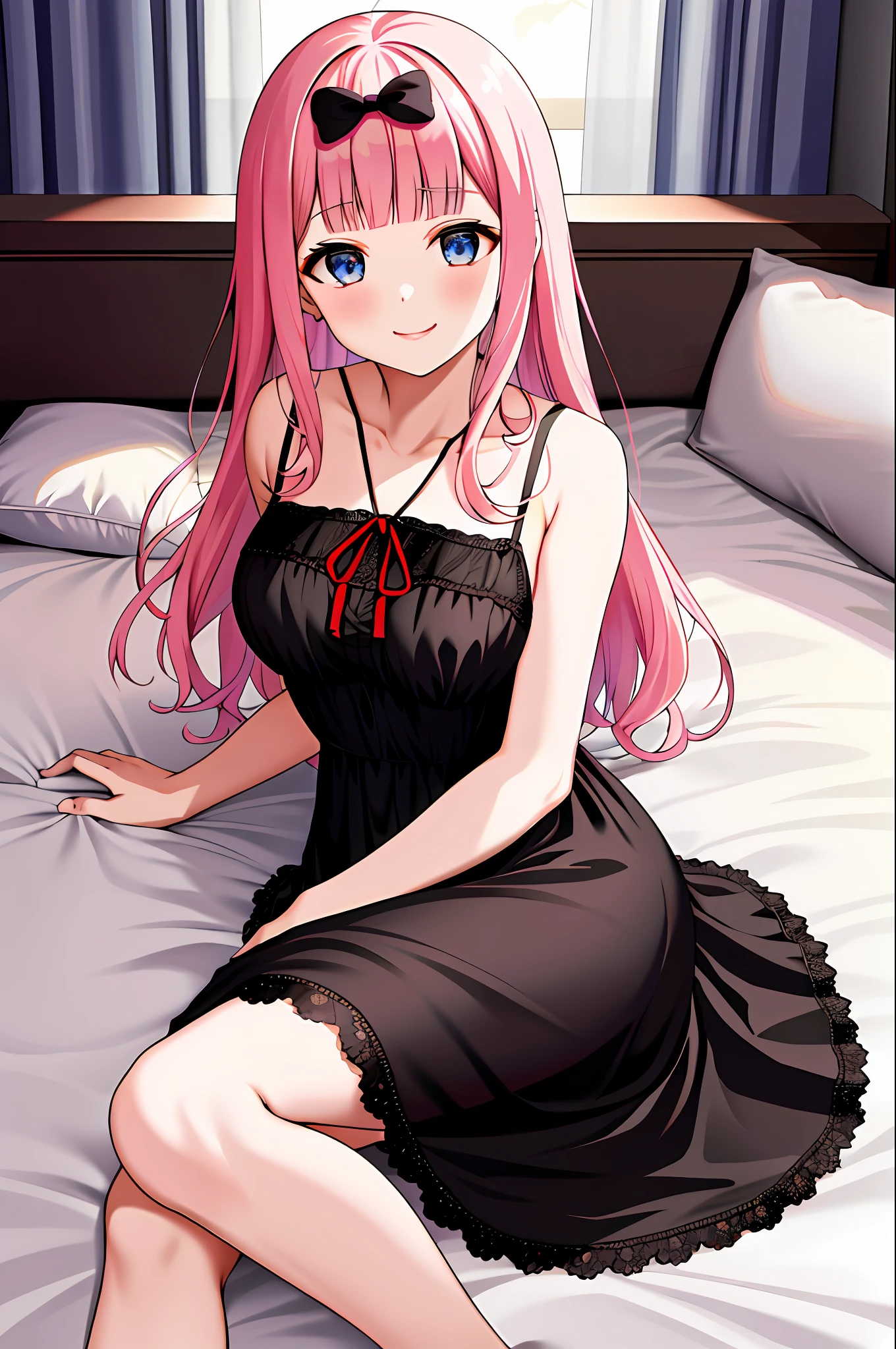 masterpiece, best quality, highres, chika1, fujiwara chika, night dress, lace lingerie, breast out, red ribbon, blunt bangs, neck ribbon, collarbone, collared dress, large breasts, smile, bed, bedroom, sexy pose, sit, spread arm, transparent,