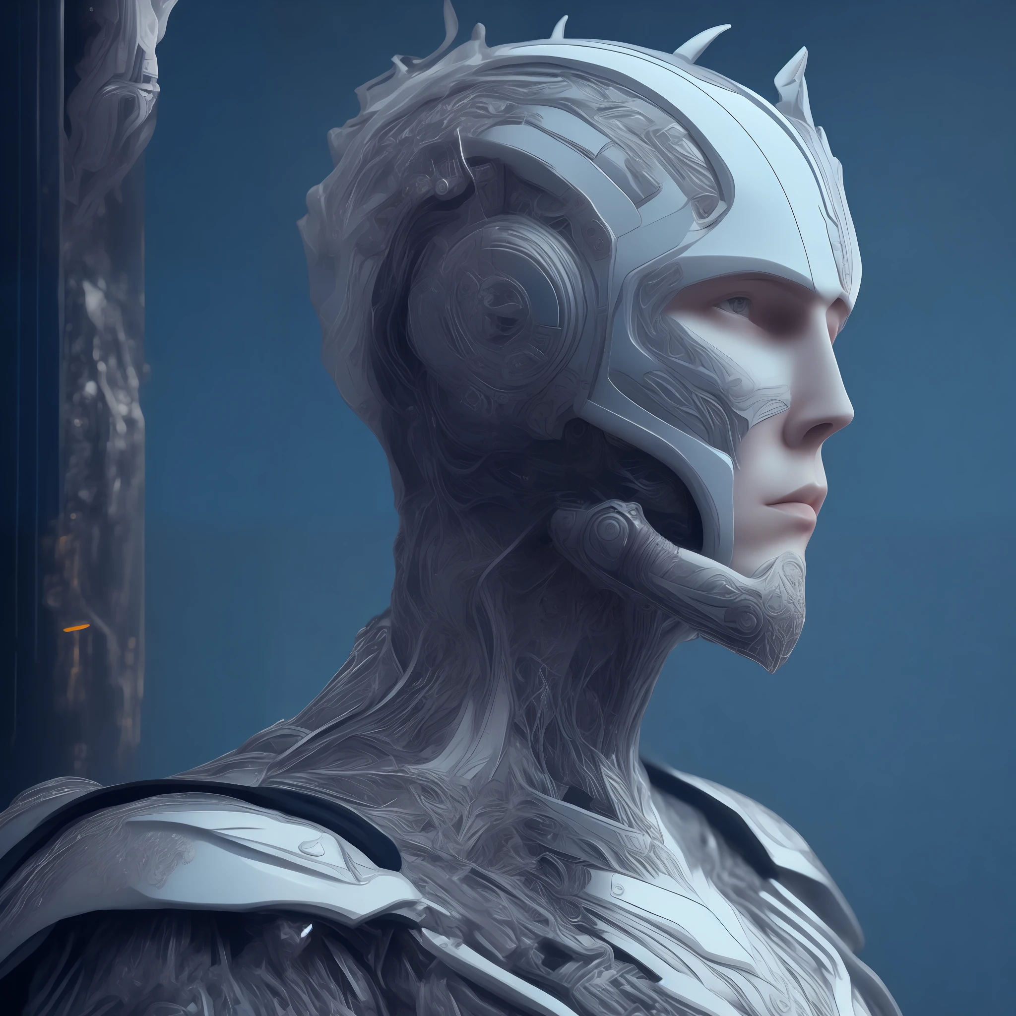 ultra detailed complex 3d rendering of a gorgeous porcelain male profile android face, cyborg, robotic parts, 150 mm, beautiful soft studio light, rim light, vibrant details, luxurious cyberpunk, lace, hyper-realistic, anatomical, facial muscles, electrical cables, microchip, elegant, beautiful background, octane rendering, HR Giger style, 8k, best quality, masterpiece, illustration, extremely delicate and beautiful,  extremely detailed, CG, unit, wallpaper, (realistic, photorealistic: 1.37), amazing, finely detailed, masterpiece, best quality, official art, 8k unit wallpaper CG extremely detailed, absurd, incredibly absurd, robot, silver helmet, full body, sitting