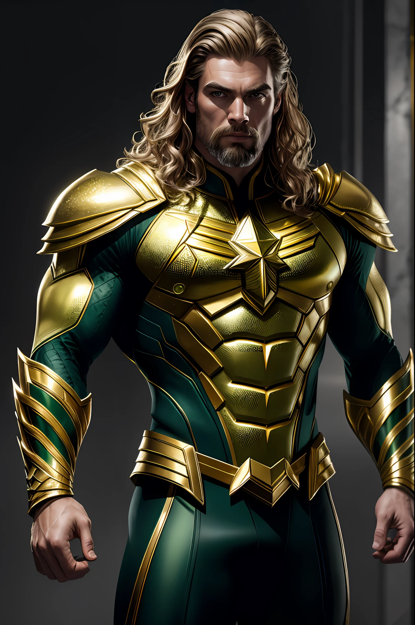 (8k, RAW photo, best quality, masterpiece: 1.2), ultra detailed, authorial art, photo-realistic: 1.37, upper body shot, ((green and gold uniform: 1.2)), model, marvel aquaman, film grain, action pose, a perfect face, 40 years, intricate details, diffused light, by Marvel