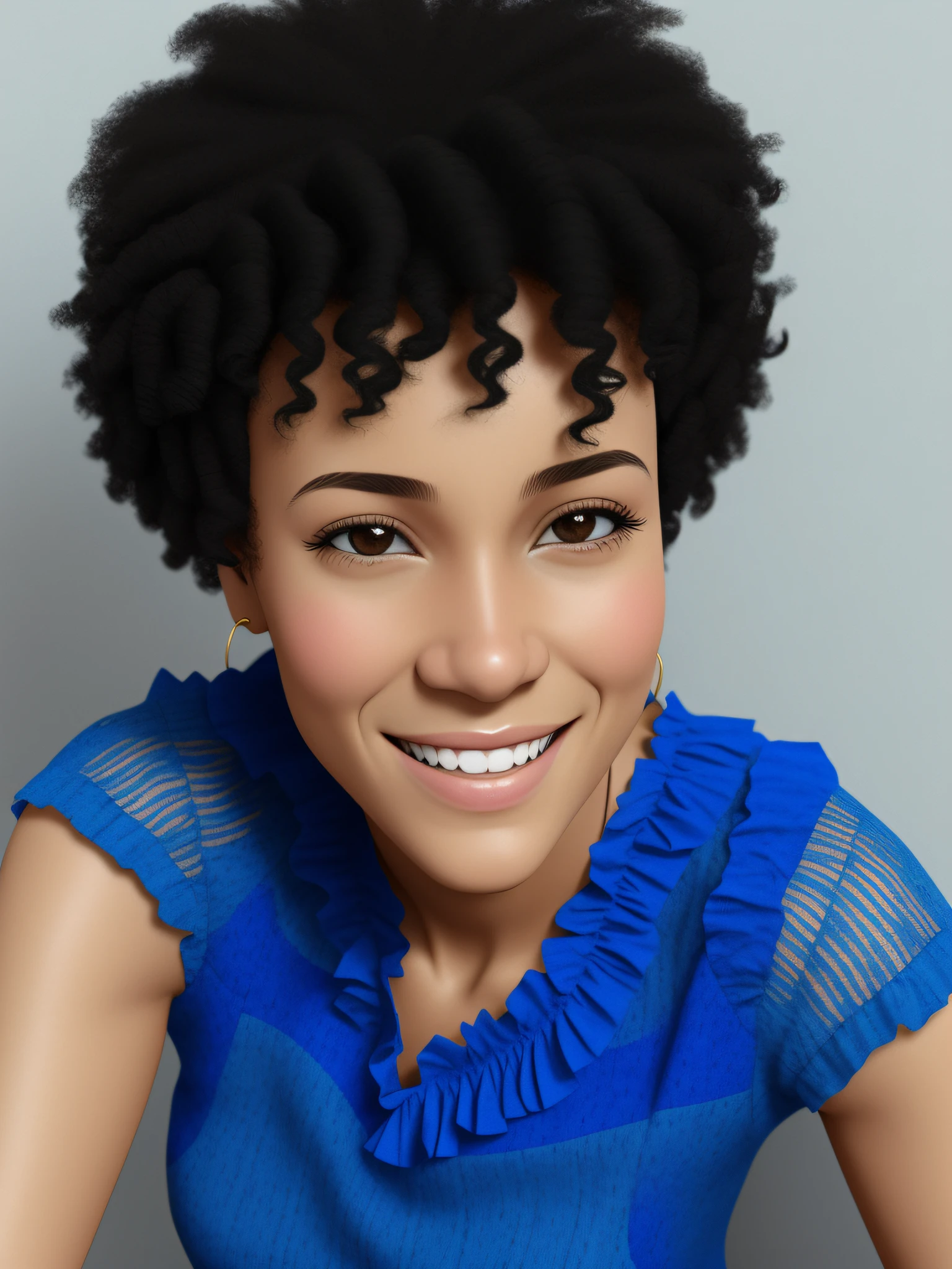 there is a woman with a blue top smiling for the camera, by Nándor Katona, with afro, afro curly, by Maria Helena Vieira da Silva, short curly hair dark smiling, looks like fabiula nascimento, inspired by Maria Helena Vieira da Silva, by Almada Negreiros, short hair black curly tiny cute toy, standing character, soft smooth lighting, soft pastel colors, skottie young, 3d blender render, polycount, modular constructivism, pop surrealism, physically based rendering,