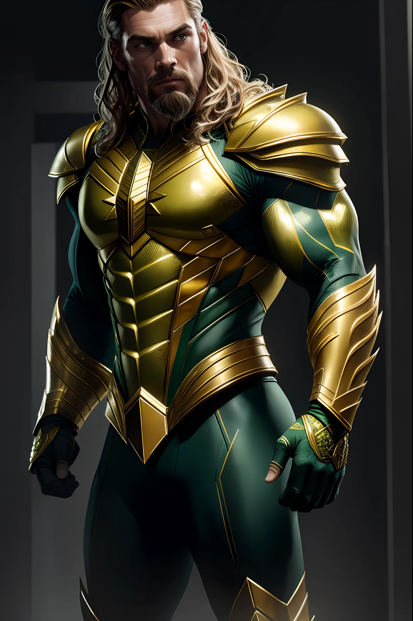 (8k, RAW photo, best quality, masterpiece: 1.2), ultra detailed, authorial art, photo-realistic: 1.37, upper body shot, ((green and gold uniform: 1.2)), model, marvel aquaman, film grain, action pose, a perfect face, 40 years, intricate details, diffused light, by Marvel