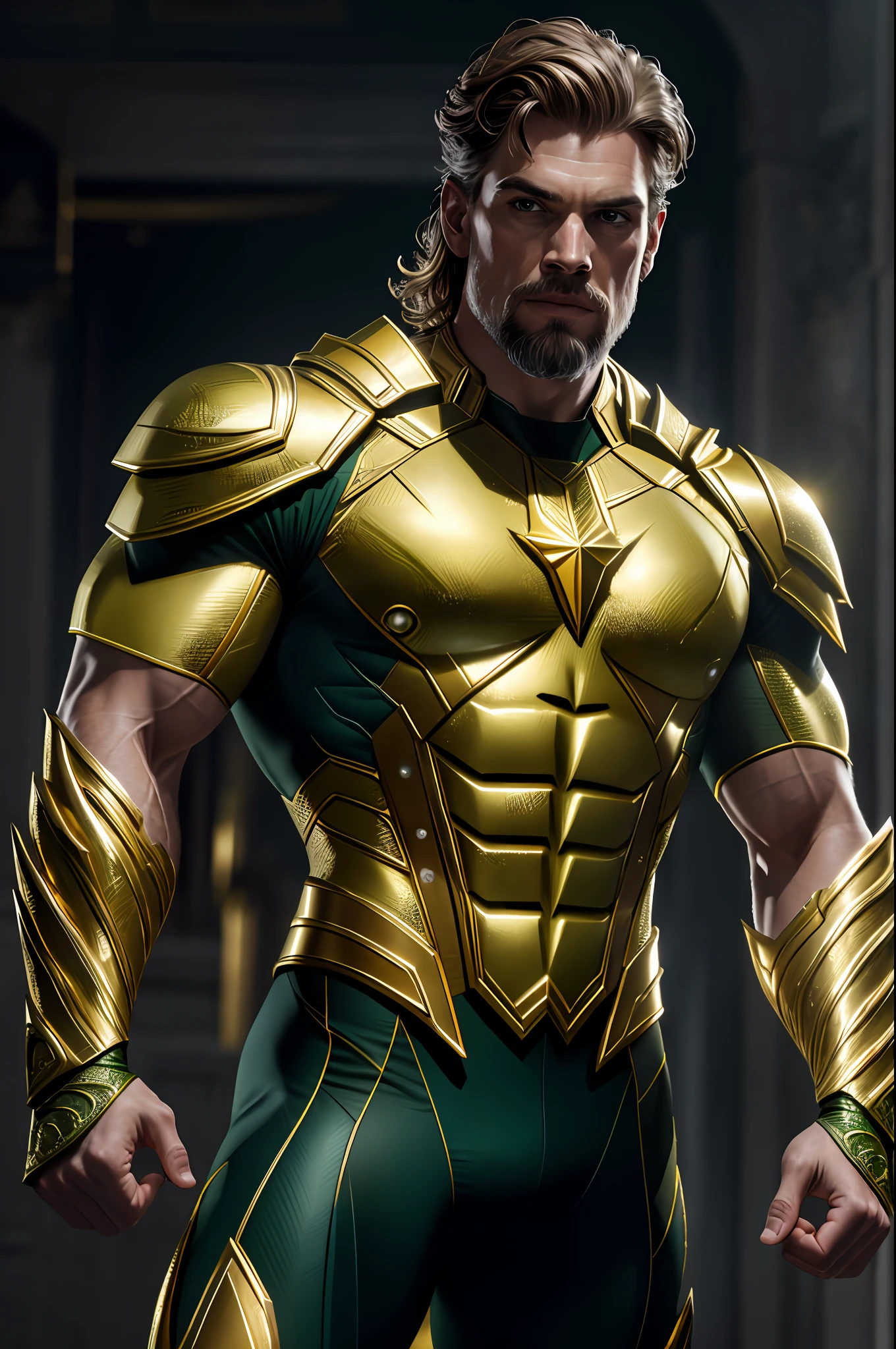 (8k, RAW photo, best quality, masterpiece: 1.2), ultra detailed, authorial art, photo-realistic: 1.37, upper body shot, ((green and gold uniform: 1.2)), model, marvel aquaman, film grain, action pose, a perfect face, 40 years, intricate details, diffused light, by Marvel