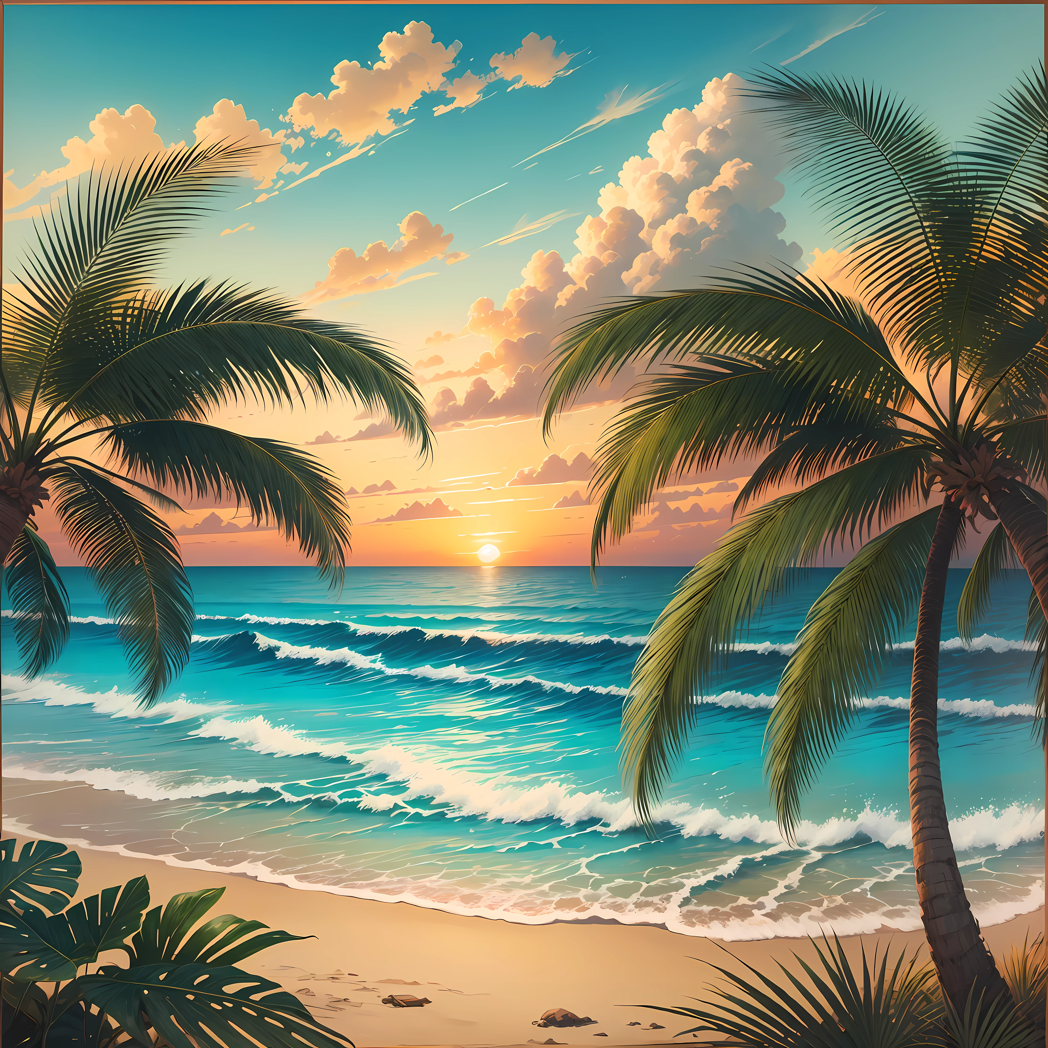 a picture of a painting of two palm trees on a beach, palm trees james gurney, tropical palms, an abstract tropical landscape, tropical atmosphere, the palms come from the depths, endless summer art, tropics, tropical, coconut palms, tropical background, sunset --auto --s2