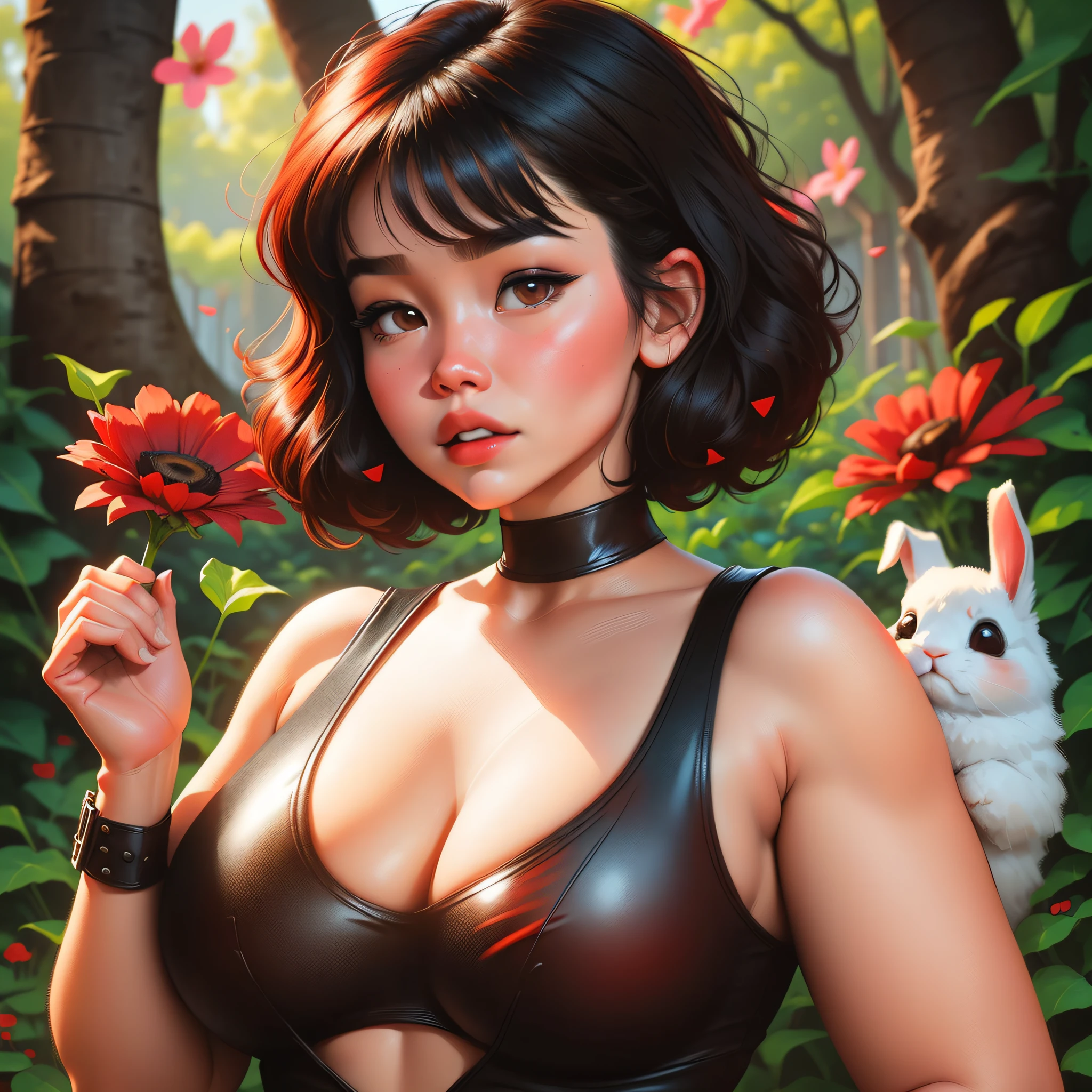 A Cute Girl with white skin, sexy young body, size (small), chubby, short hair (up to the shoulders) red and wavy [with black tones], shades of red [bright], bbwchan, big breasts, black clothes, fighter, round face, with a rabbit in her hands, realistic lighting, Radiosity, in a flowery grove, Close Up.