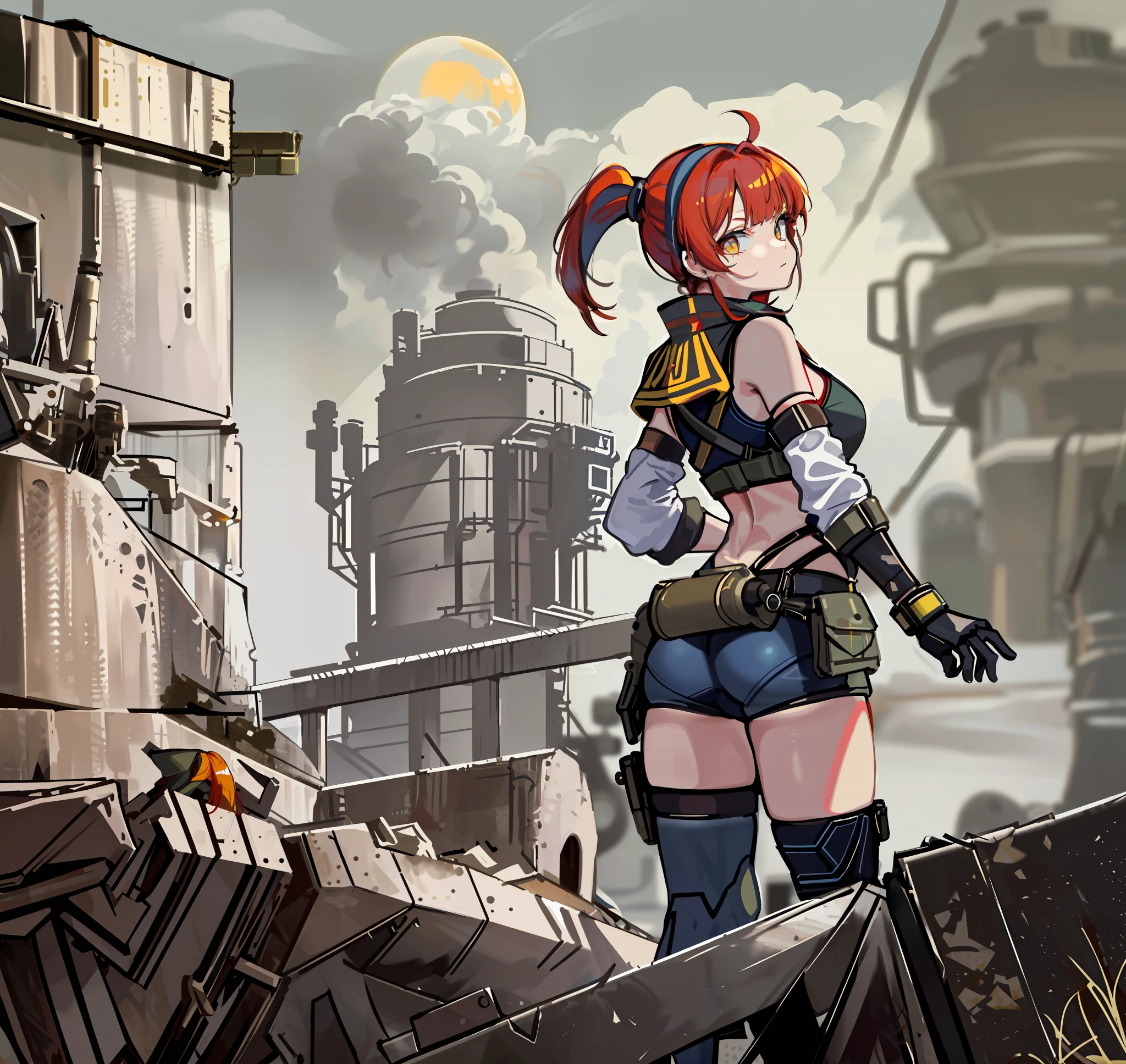Slavic Girl. (masterpiece:1.2), (best quality:1.3), 1girl, framed from rear, butt shot, bending over railing, diesel-punk, Russian tanker uniform, soldier, sci-fi, hazmat, soviet, cosmonaut, big baggy sleeves, (red hair), (yellow eyes), (pony tail), (long bangs), (vibrant eyes), (large hips), (thick thighs)