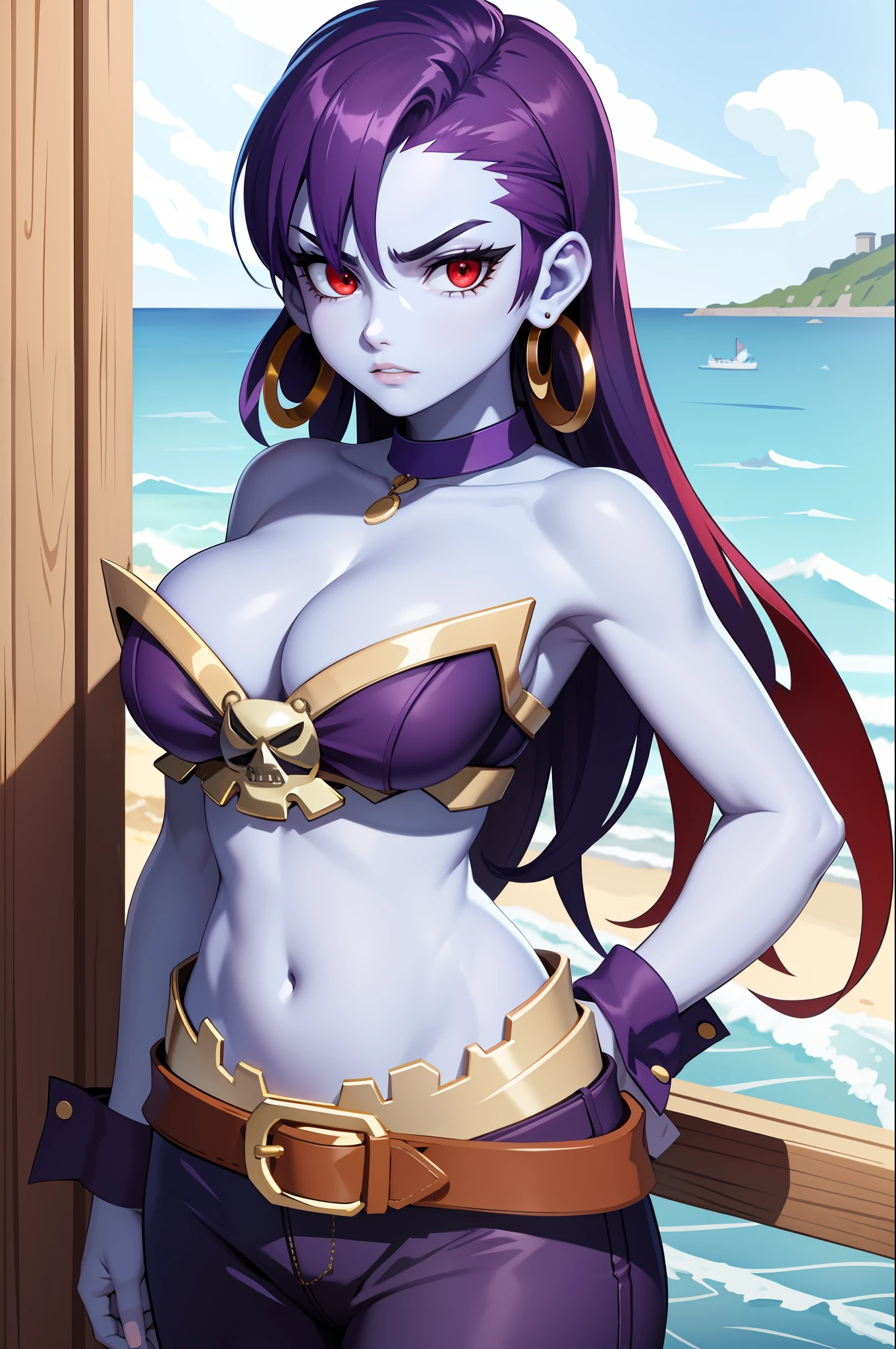 masterpiece, best quality, risky, blue skin, choker, wrist cuffs, hoop earrings, bustier, belt, purple pants, upper body, looking at viewer, furrowed brow, clenched teeth, ocean, pirate ship, long hair , red eyes