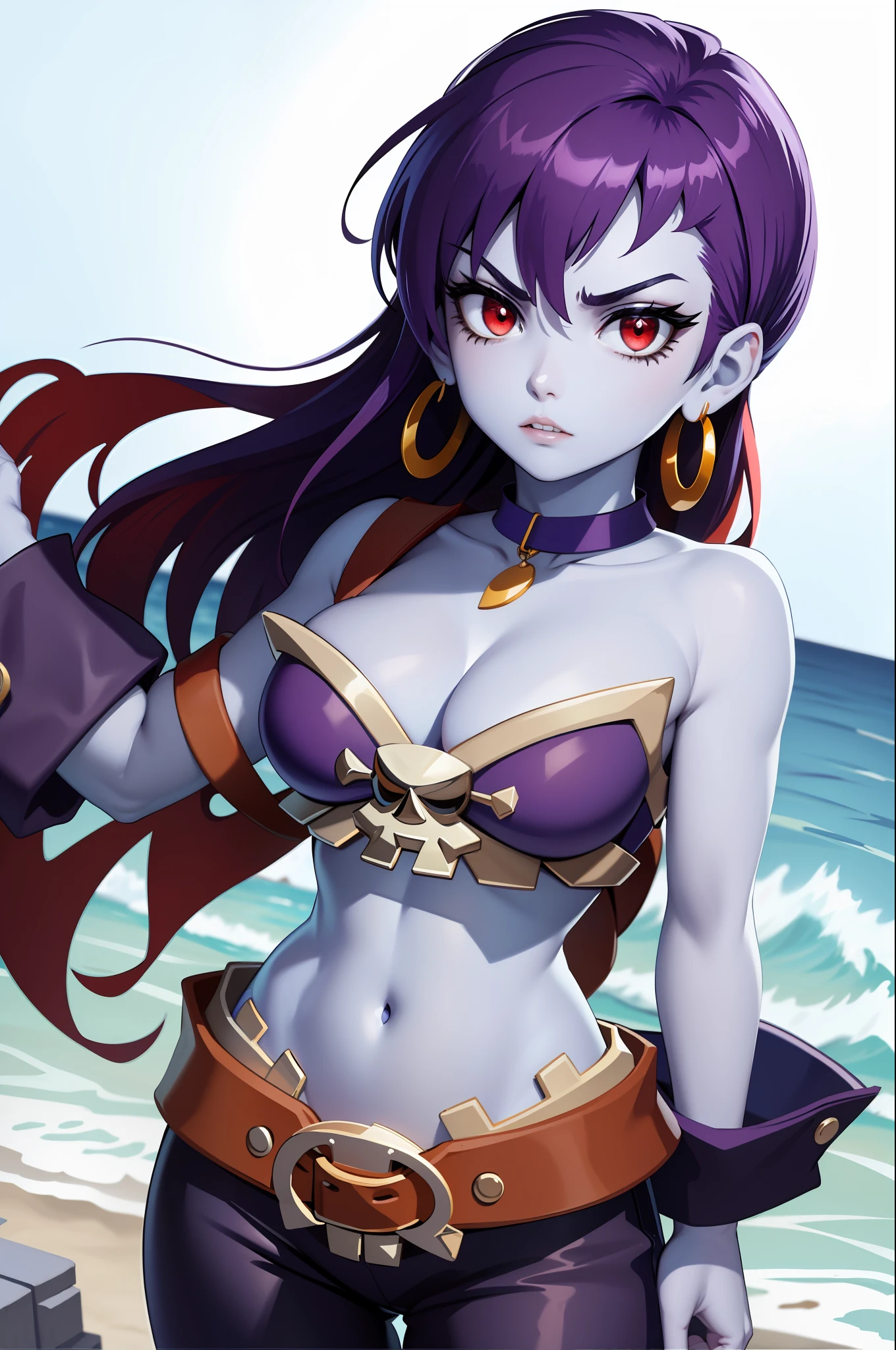 masterpiece, best quality, risky, blue skin, choker, wrist cuffs, hoop earrings, bustier, belt, purple pants, upper body, looking at viewer, furrowed brow, clenched teeth, ocean, pirate ship, long hair , red eyes