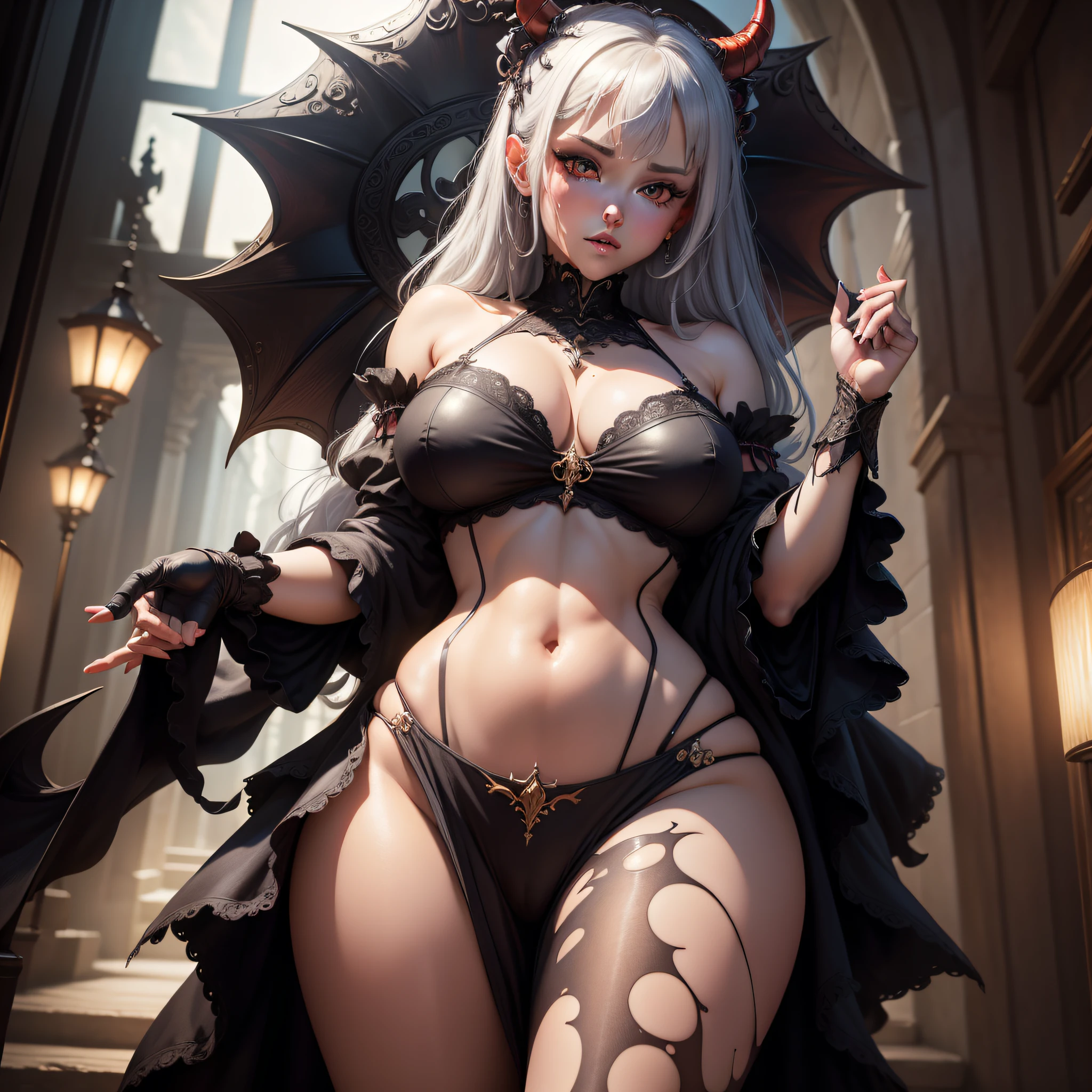 (masterpiece: 1.2), best quality, high resolution, unity 8k wallpaper, (illustration: 1.0) 1girl,demon girl,beautiful detailed, extremely detailed, perfect lighting, extremely detailed CG, bright eyes, red eyes,big breasts,pantyhose, large_ass, (looking at viewer), NightmarishAIwoman, Nightmare, navel, (extremely detailed body),lustful heavy breathing,wet neckline,perspective