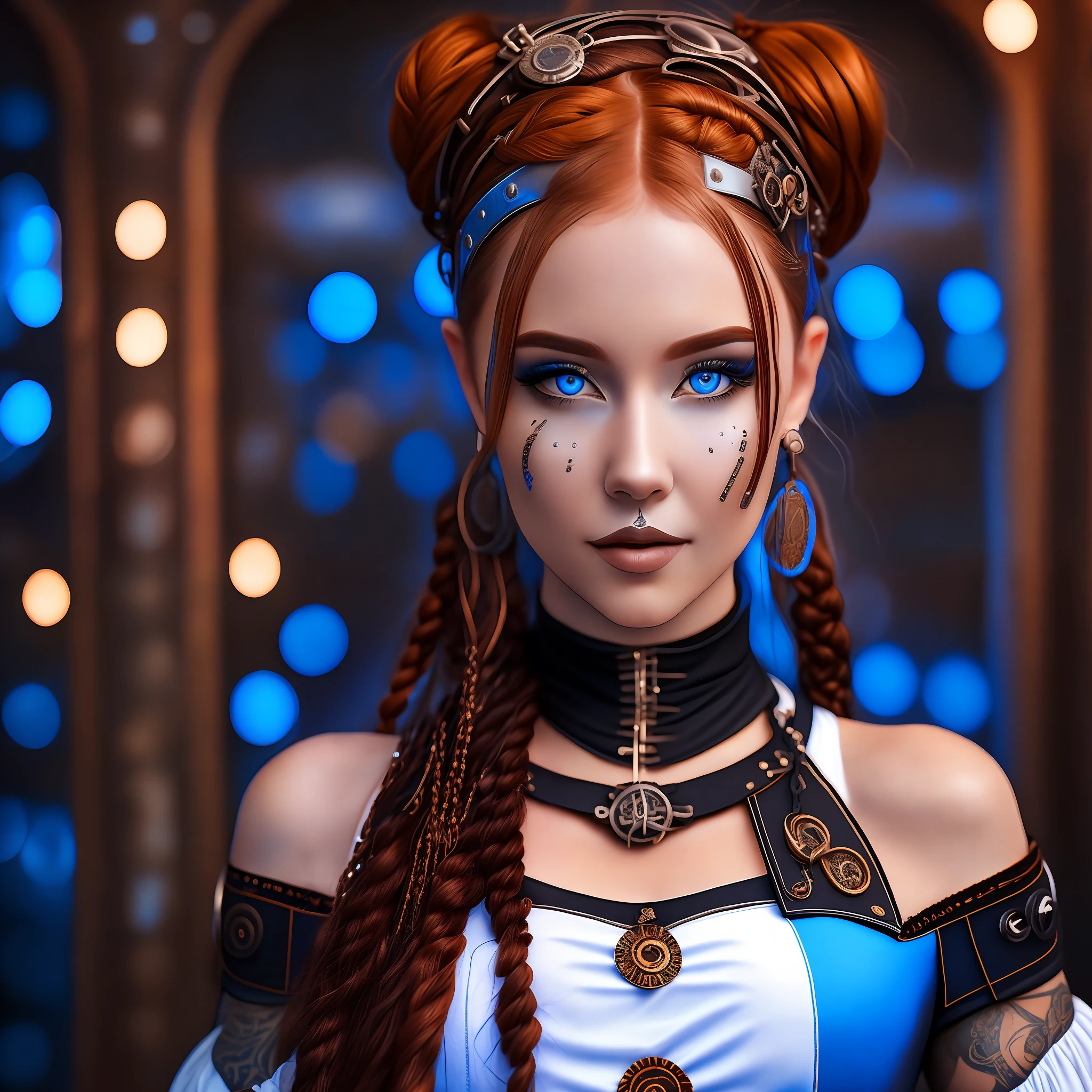 an steampunk girl at a party, (white crop top:1.2), small breast, black and blue leather, tattoo, hyper detailed, ultra sharp, long auburn hair in braids, 8k, (insanely detailed:1.5), full body photograph, 20 megapixel, canon eos r3, detailed skin, pale skin