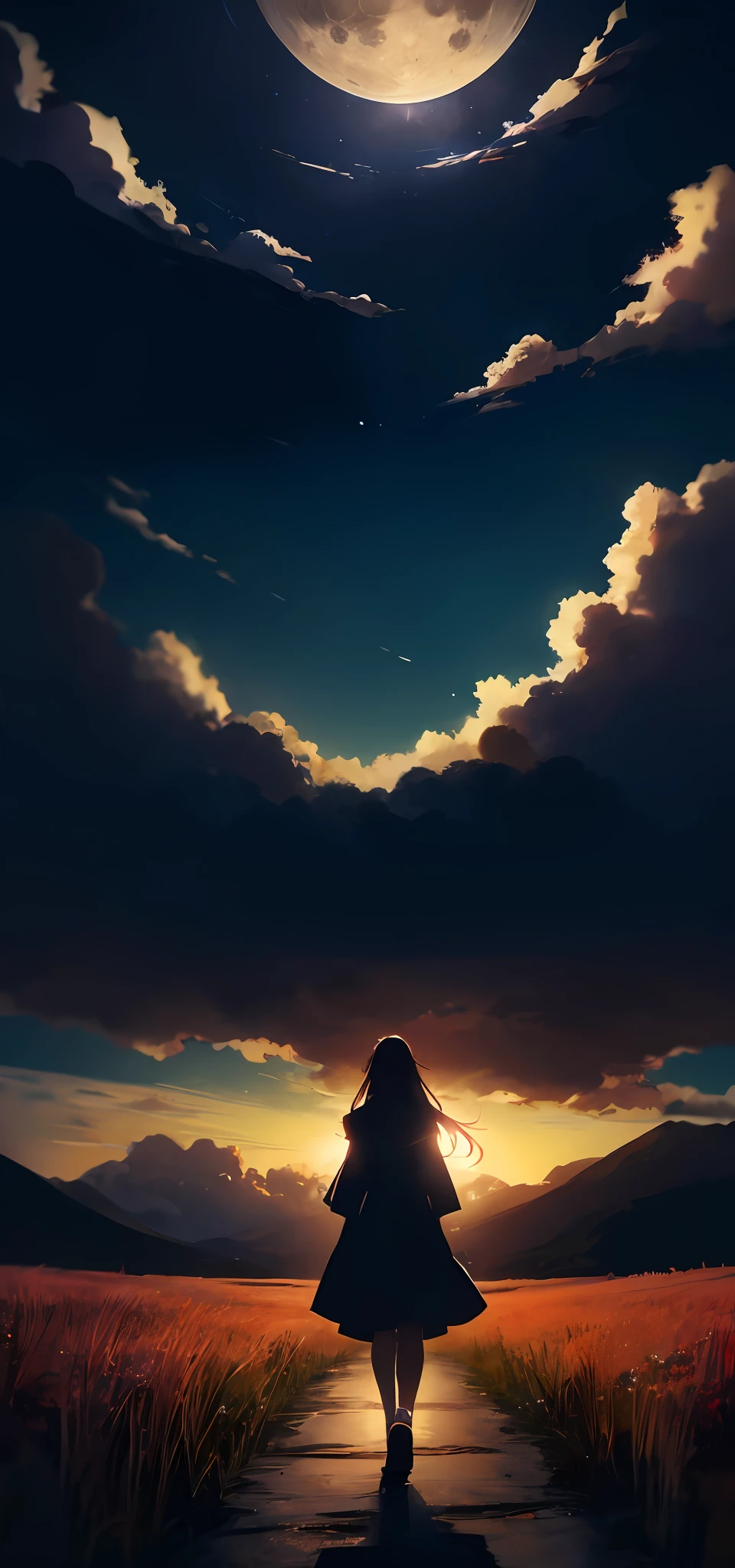 anime style painting of a woman walking in a field with a star in the sky, calm night, focused from woman butt to the moon, digital illustration, jen bartel, background artwork, 4 k hd illustrative wallpaper, anime background art, detailed sky, background art, low detailed. digital painting, detailed digital painting, anime art wallpaper 4 k, anime art wallpaper 4k, anime background, glowing clouds