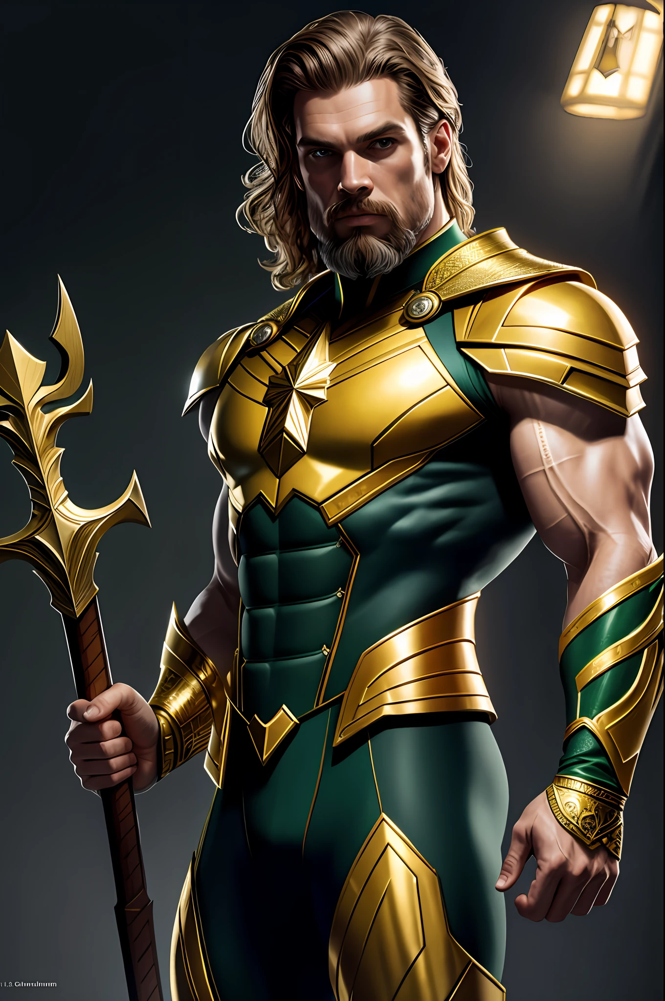 (8k, RAW photo, best quality, masterpiece: 1.2), ultra detailed, authorial art, photo-realistic: 1.37, upper body shot, ((green and gold uniform: 1.2)), with golden trident in hand, model, marvel aquaman, film grain, action pose, a perfect face, 40 years, intricate details, diffused light, by Marvel