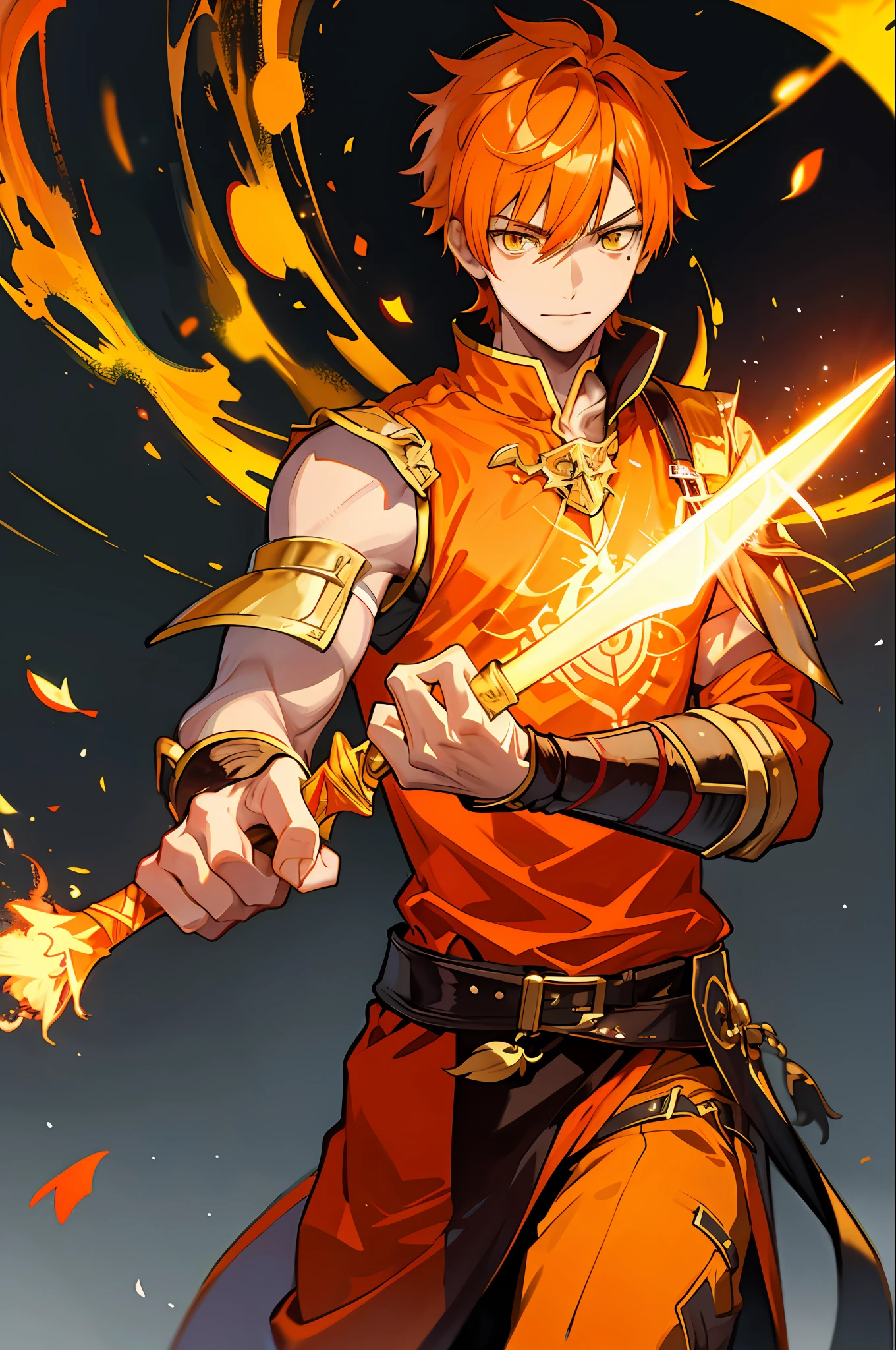 1boy, orange hair, yellow eyes, skin loss, he holds a flaming dagger and wears a warrior's outfit