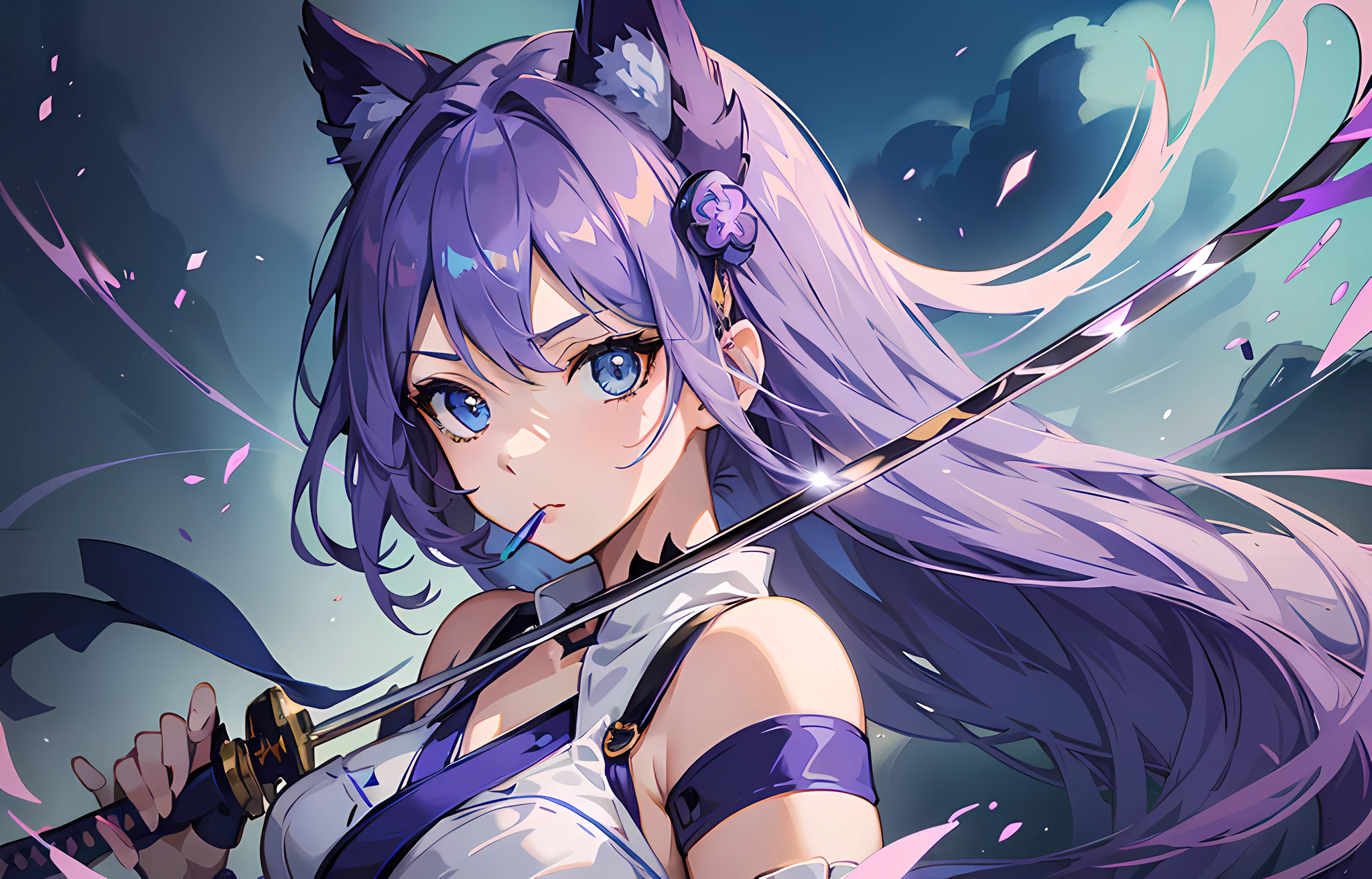 "(float, delicate, and beautiful anime girl, with blue eyes and purple hair), (with a Katana held in mouth, amplified by electric effects:1.2), with high saturation"