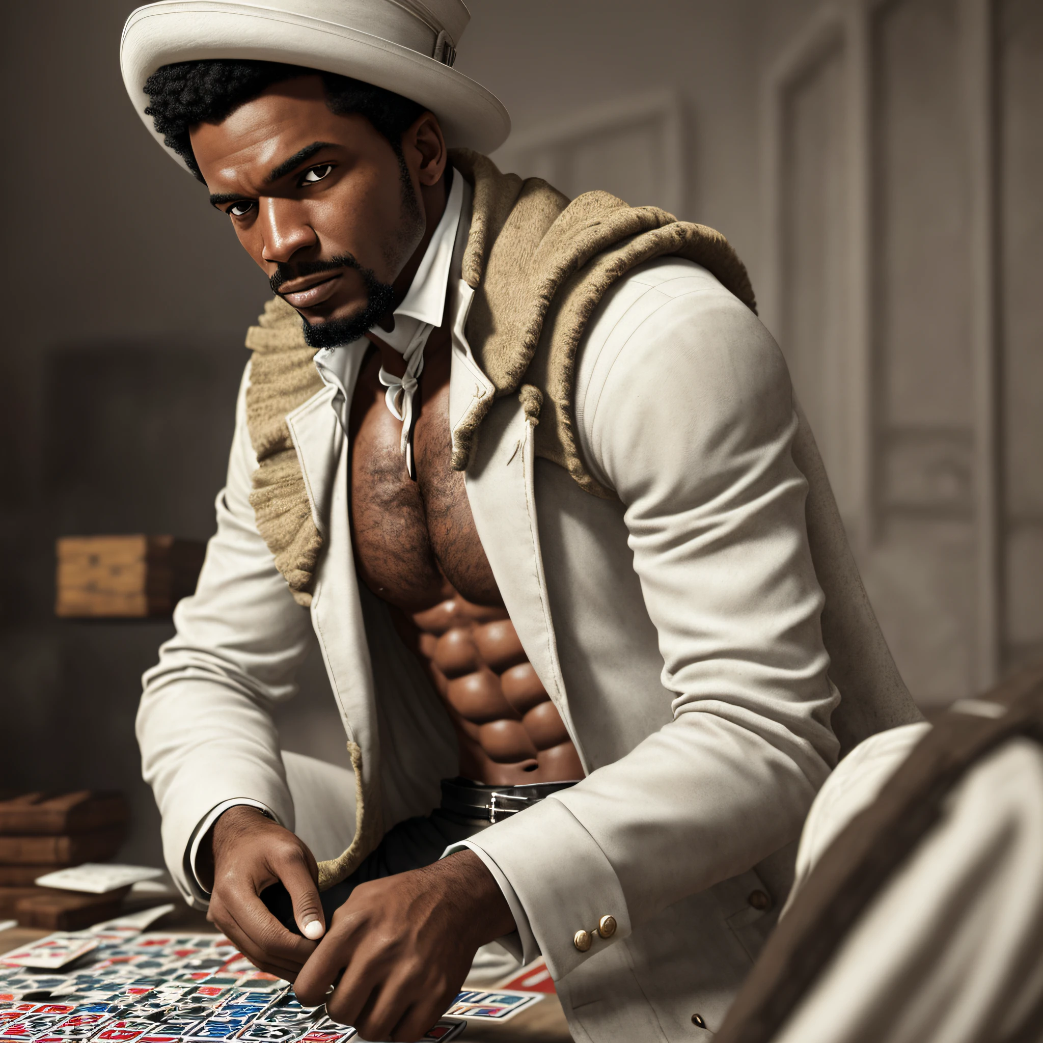 Brazilian rogue man, seventeenth century, white suit, playing cards, black man. Background: slave quarters, extreme realistic, light particles, maximum focus, realistic body, realistic face, professional lighting, octane render, beautiful features, unlimited light, magnificent, detailed skin texture, extreme details, cinematic lighting, (masterpiece), (ultra detailed), (ultra-HD), focus --auto --s2