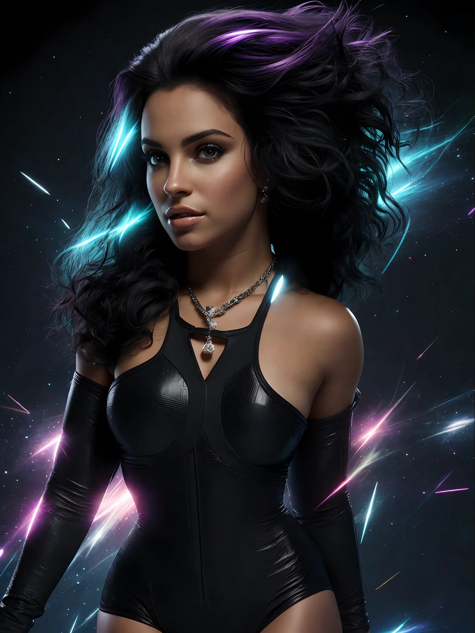 Brazilian woman, dark black eyes, perfect skin, 27 years old, britney blackout era, black hair, 4K texture, high quality, beautiful hair, original album cover, 8k picture, high image quality, at ht, full body, show outfit