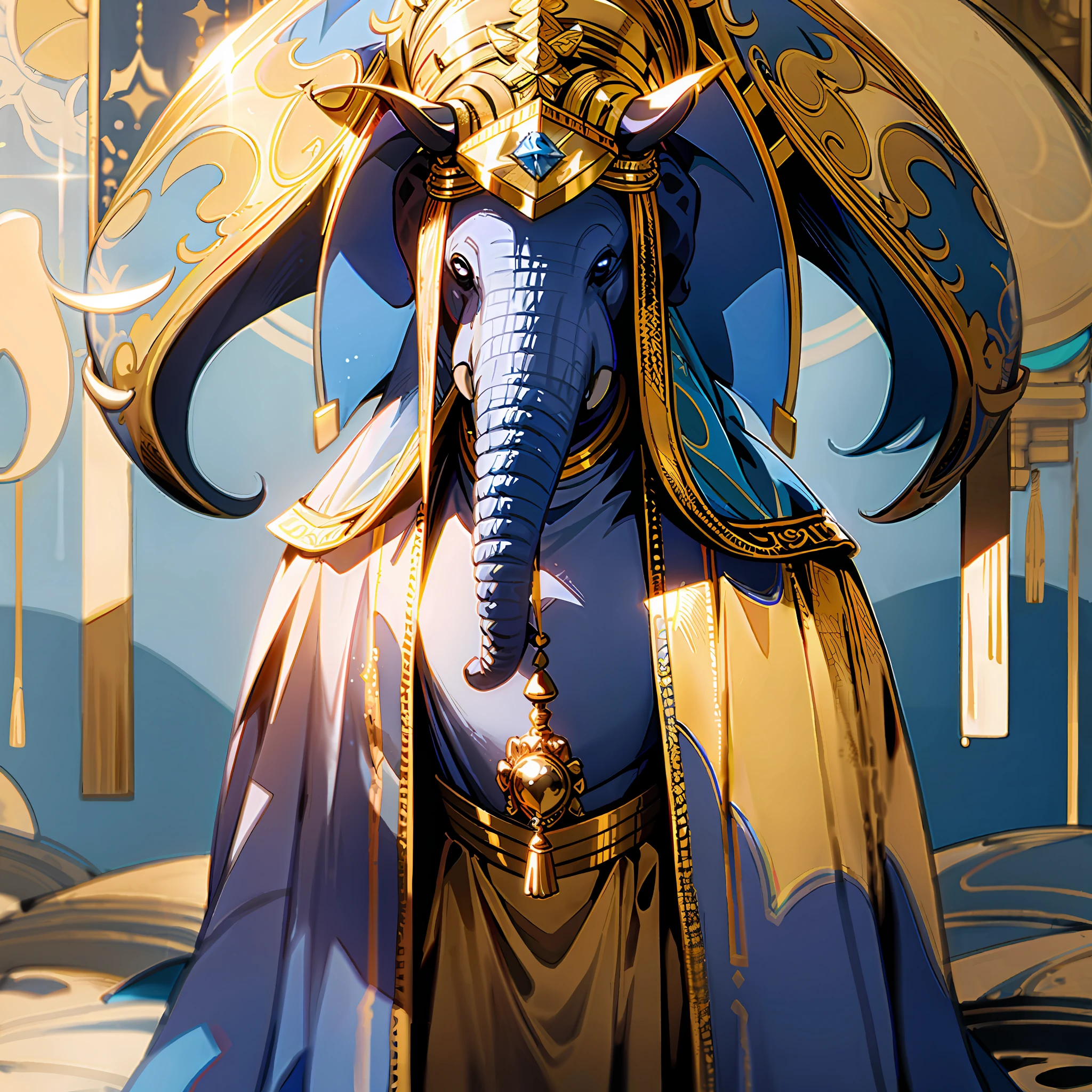 Standing elephant with golden robe and blue adornments