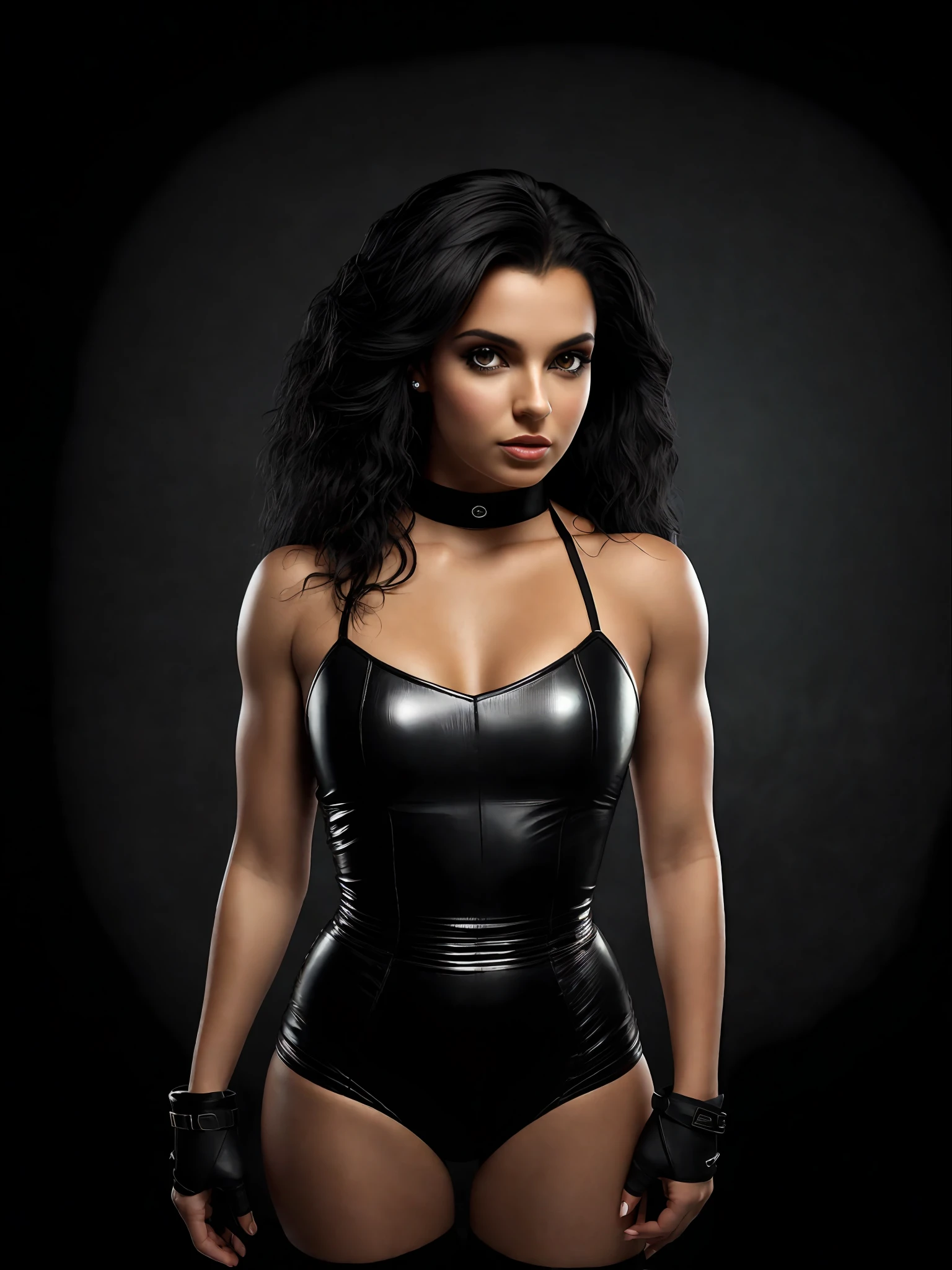 Brazilian woman, dark black eyes, perfect skin, 27 years old, britney blackout era, black hair, 4K texture, high quality, beautiful hair, original album cover, 8k picture, high image quality, at night, full body, show outfit