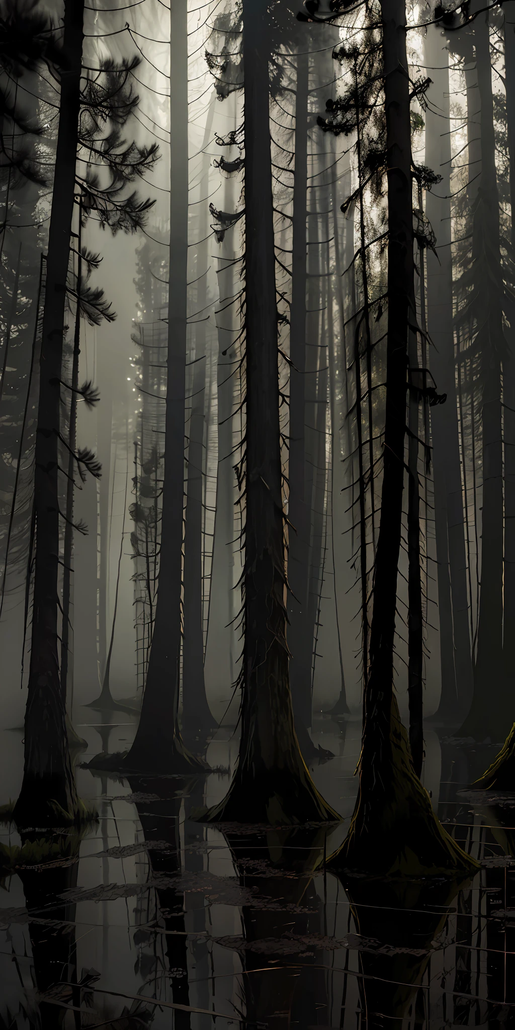 photorealistic, best quality, masterpiece, rainy, dark theme, dim light, melancholy, shadowy forest