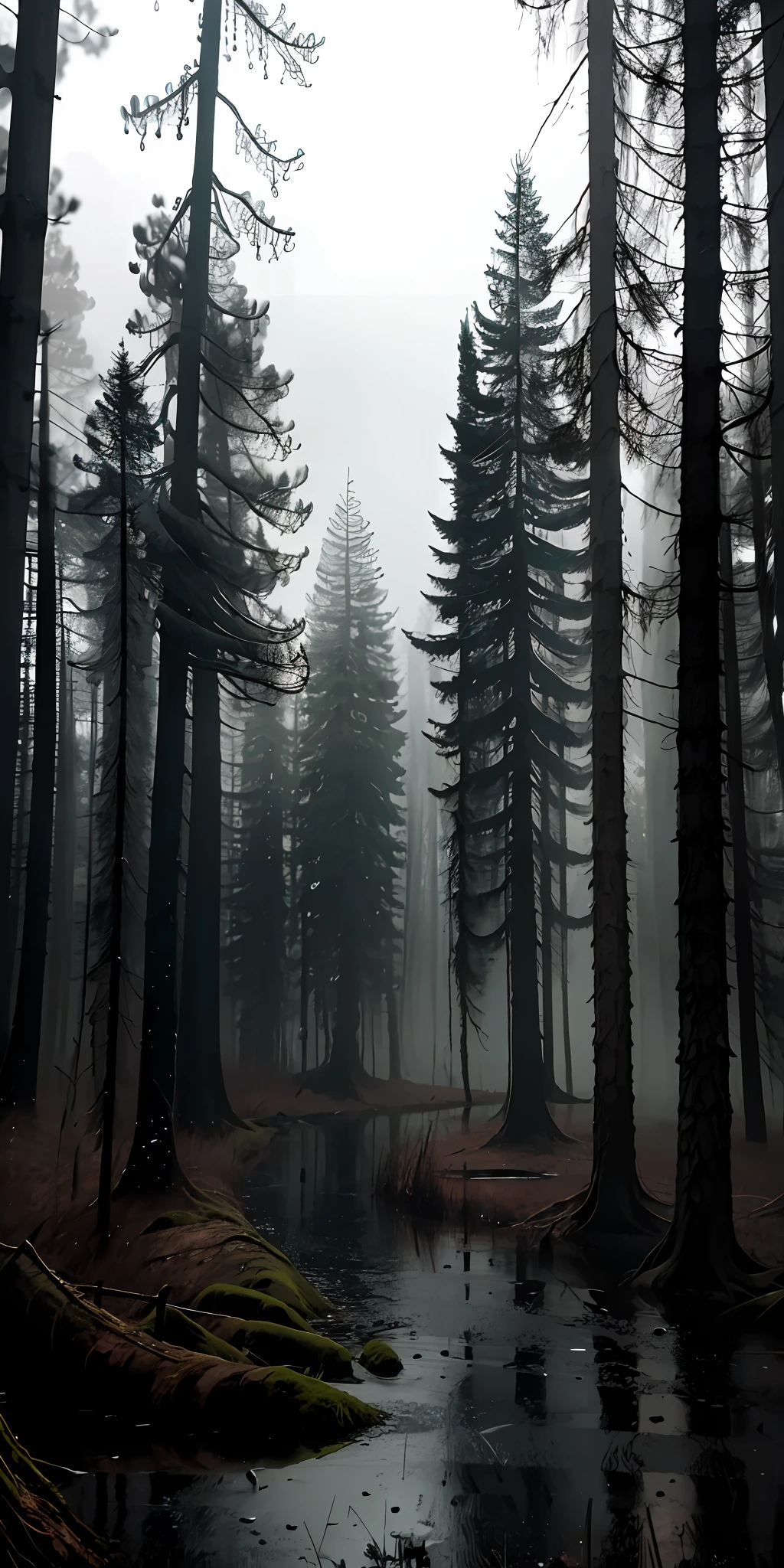 photorealistic, best quality, masterpiece, rainy, dark theme, dim light, melancholy, shadowy forest