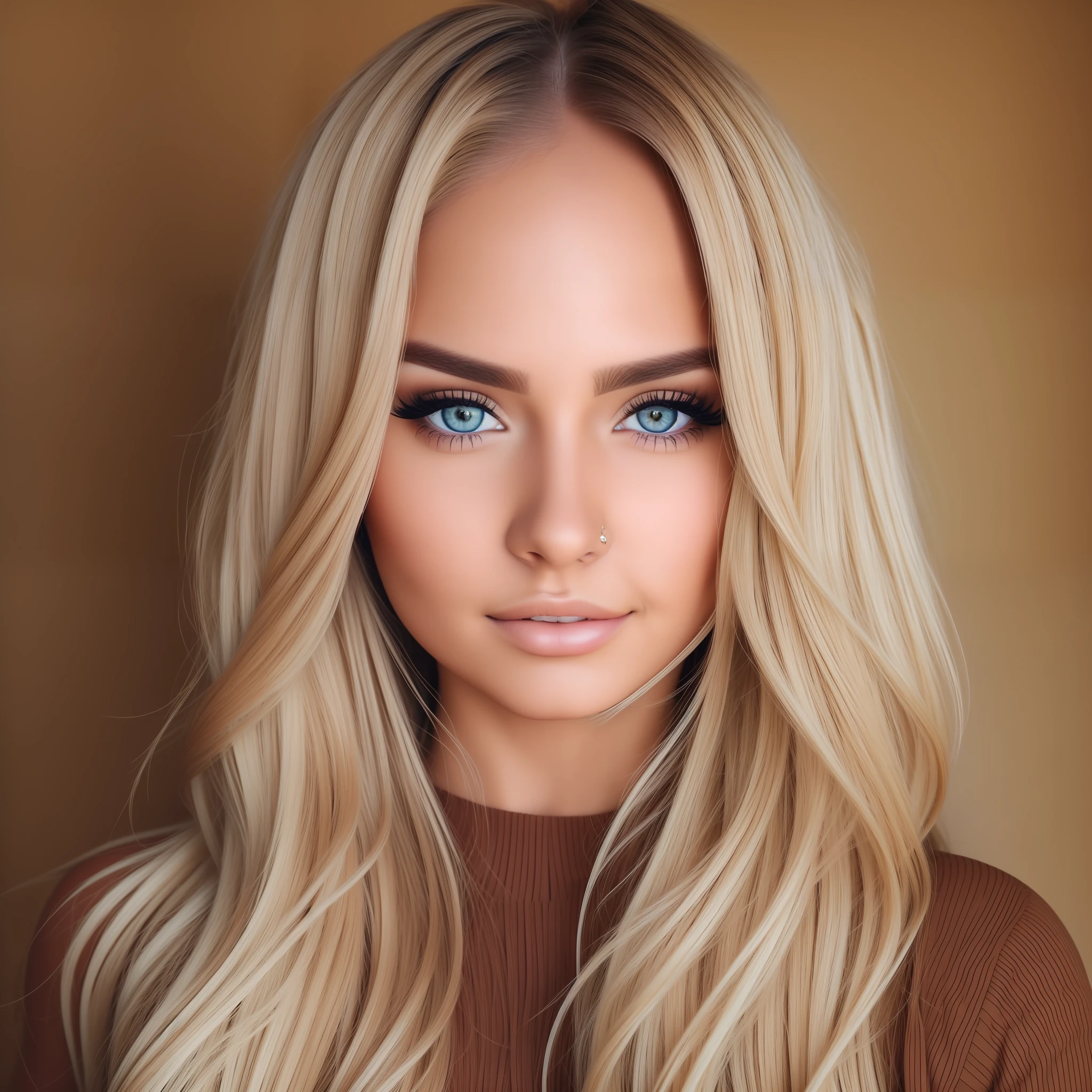 Ultra realistic woman, brown eyes, blonde hair, with makeup on her face (best quality)
