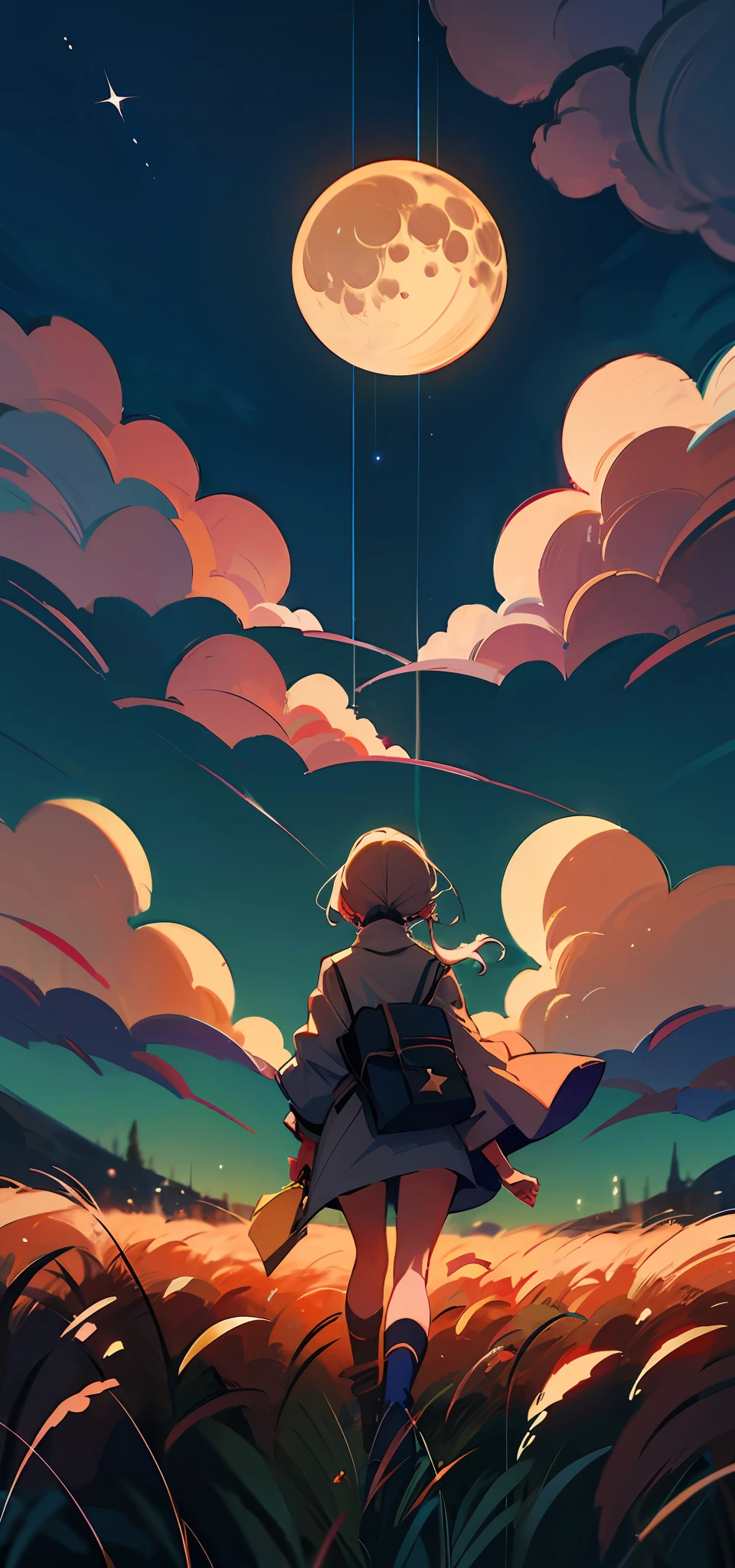 anime style painting of a woman walking in a field with a star in the sky, calm night, focused from woman butt to the moon, digital illustration, jen bartel, background artwork, 4 k hd illustrative wallpaper, anime background art, detailed sky, background art, low detailed. digital painting, detailed digital painting, anime art wallpaper 4 k, anime art wallpaper 4k, anime background, glowing clouds