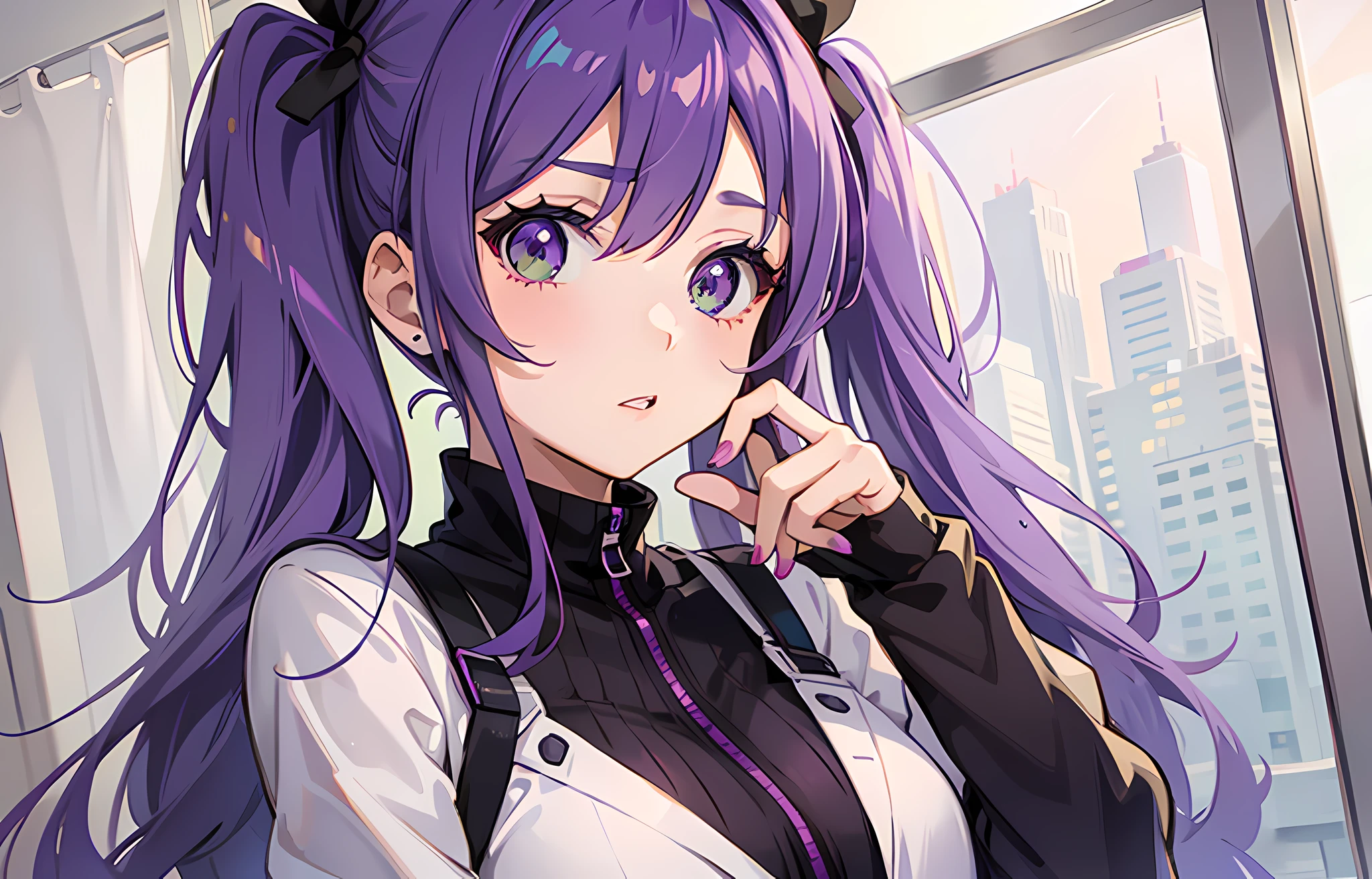 Anime girl with two pigtails. Purple hair and green eyes.