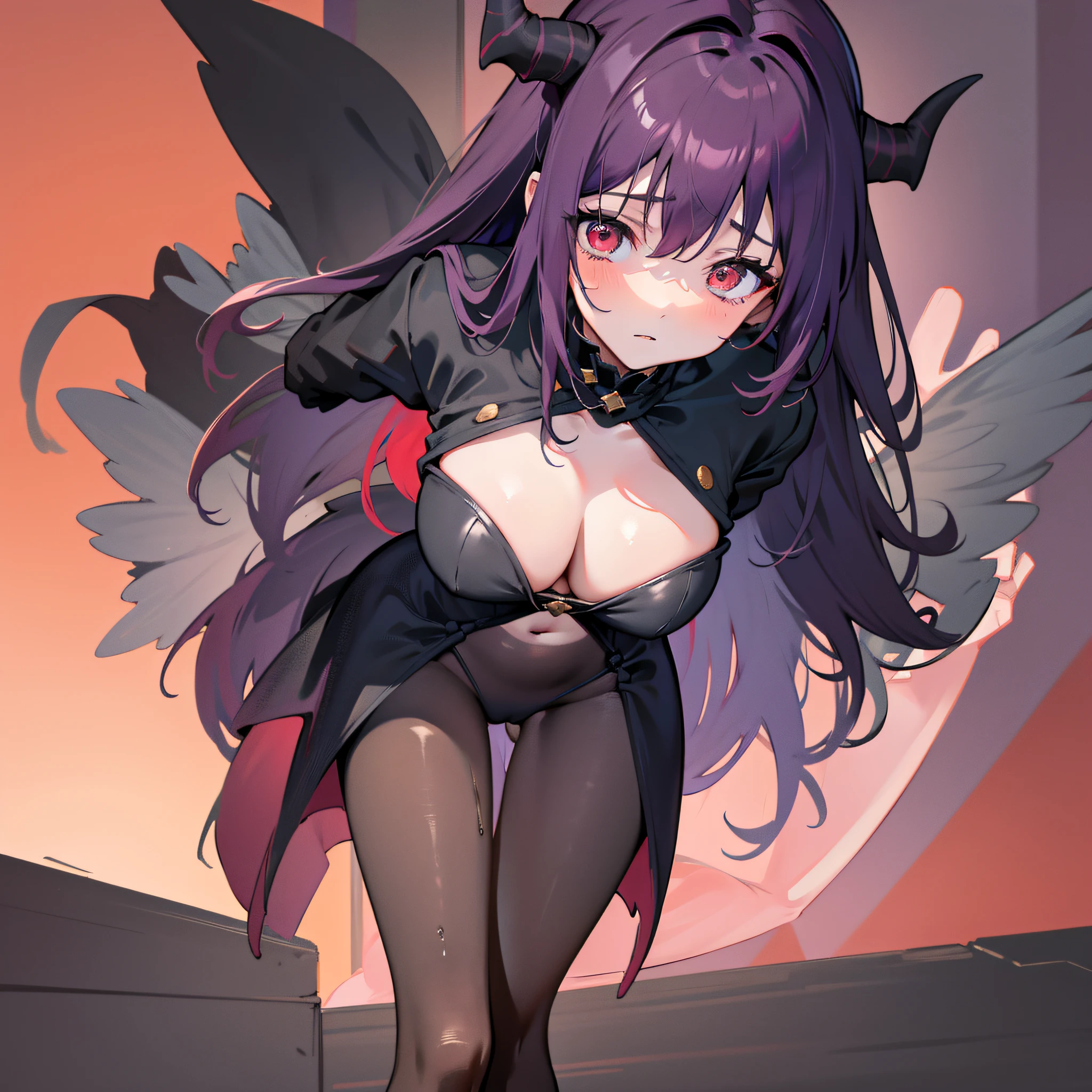 (masterpiece: 1.2), best quality, high resolution, unity 8k wallpaper, (illustration: 1.0) 1girl,demon girl,beautiful detailed, extremely detailed, perfect lighting, extremely detailed CG, bright eyes, red eyes,big breasts,pantyhose, large_ass, (looking at viewer), NightmarishAIwoman, Nightmare, navel, (extremely detailed body),heavy lustful breathing,wet neckline,perspective, Bold, challenging look
