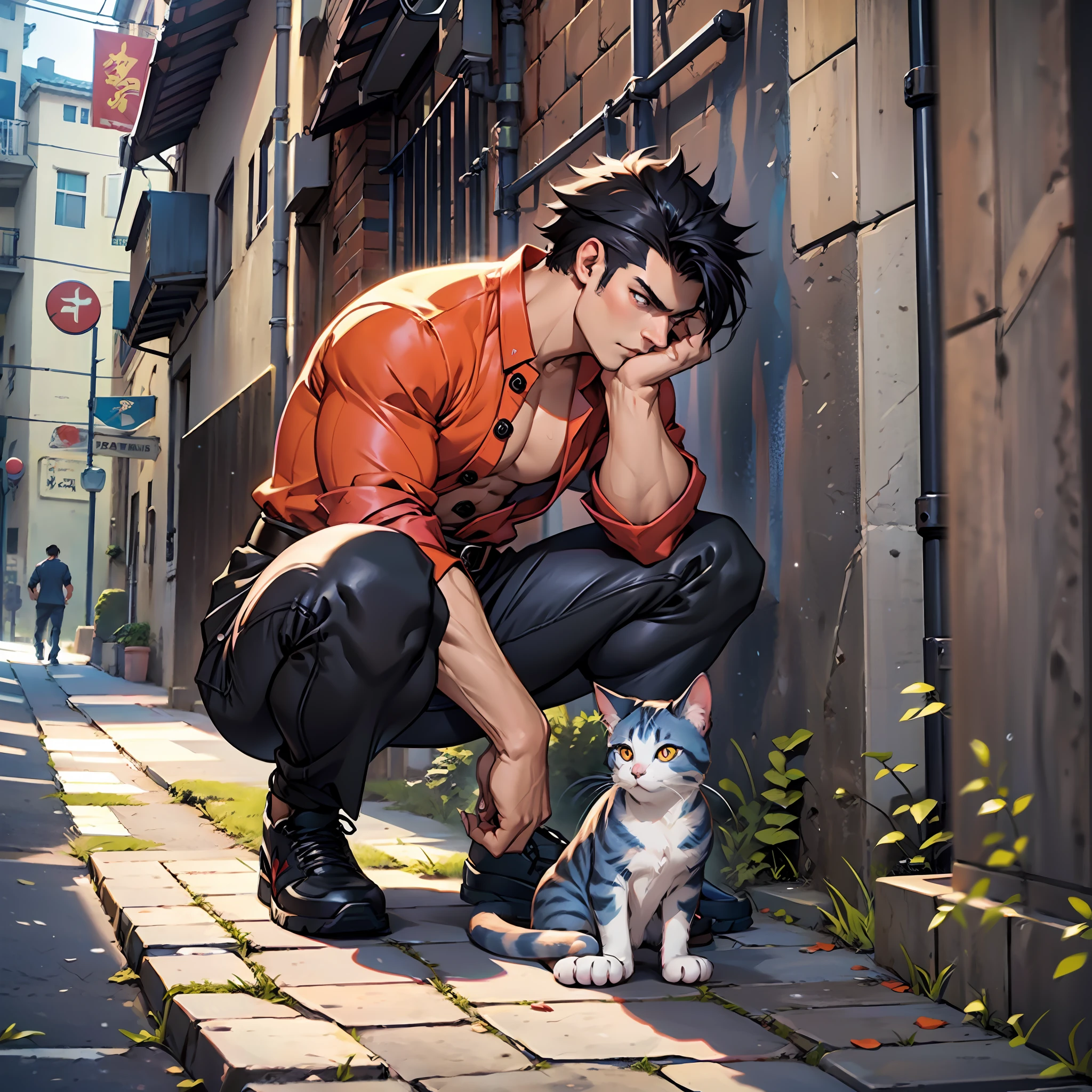 muscular man, defined body, developed body, kung fu fighter, red blouse with buttons, long black pants, black belt at the waist, spiky hair, short black hair (hair with pink locks at the ends), wrestler's shoes, serious look, orange colored eyes, fantasy kingdom, medieval scenery, crouched in the alley next to a blue cat, cat with starry and bluish fur, cat staring at man, man looking at cat.