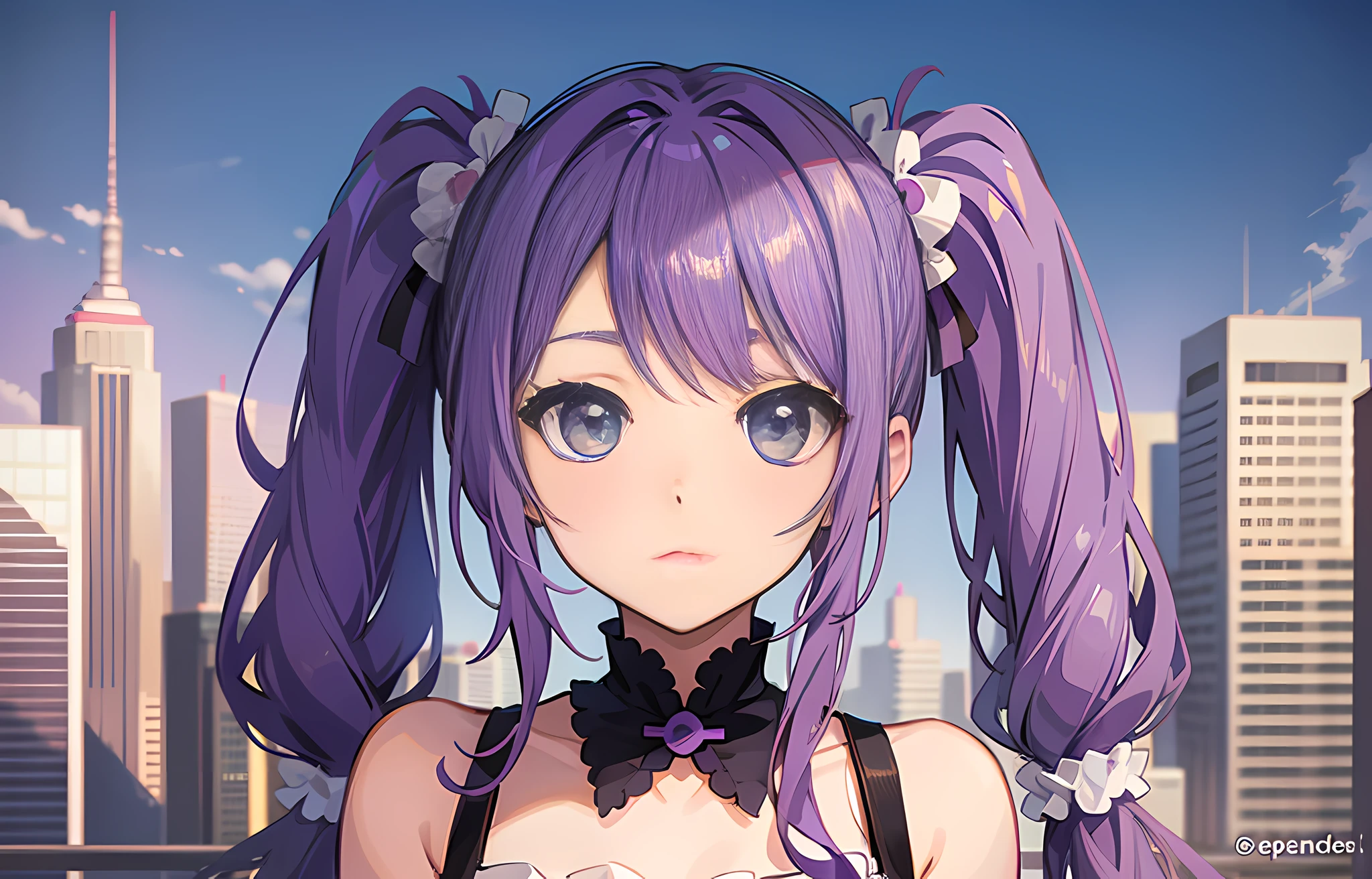 Anime girl with two pigtails. Purple hair and green eyes.