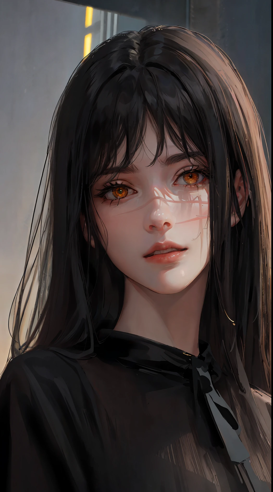 photorealistic, lip gloss, realistic, best quality, ultra high resolution, depth, pastel color, natural shading, focus on the face, just the face, looking at the viewer, long hair, black hair, brown and well-detailed eyes, black clothing