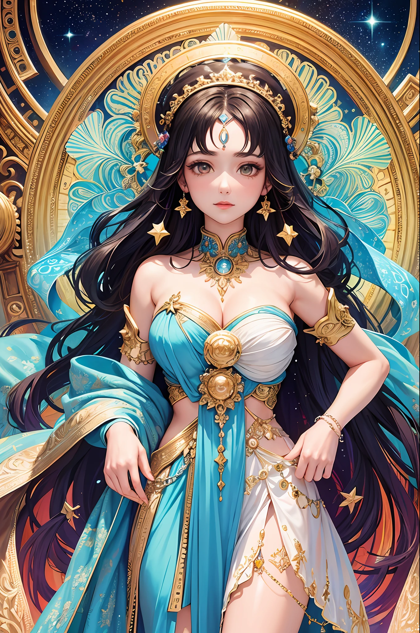 (masterpiece, superior quality, best quality, official art, beautiful and aesthetic: 1.2), (1woman), extremely detailed, (fractal art: 1.3), colorful, more detailed, goddess of light and stars, cosmic entity