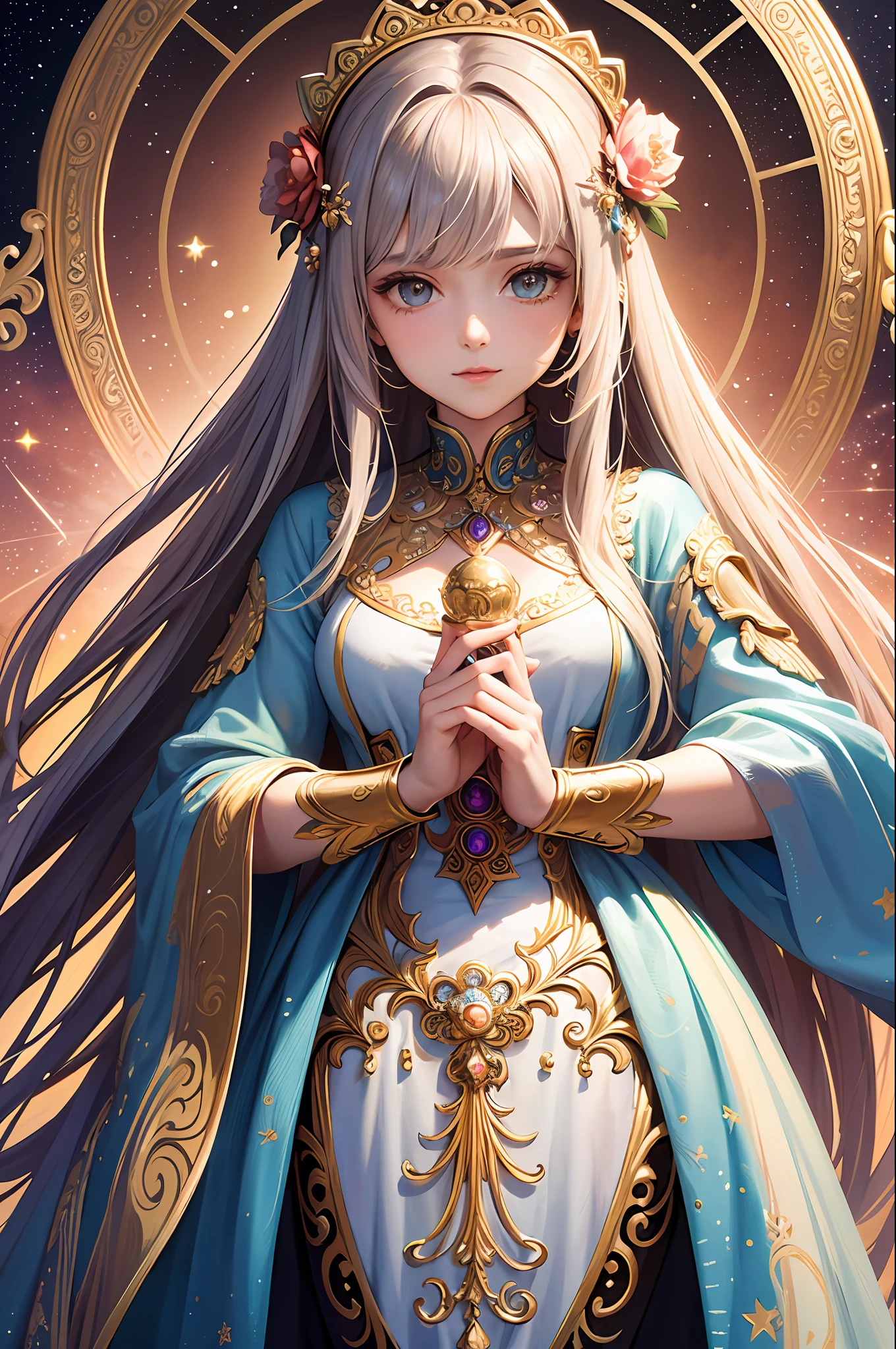(masterpiece, superior quality, best quality, official art, beautiful and aesthetic: 1.2), (1woman), extremely detailed, (fractal art: 1.3), colorful, more detailed, goddess of light and stars, cosmic entity