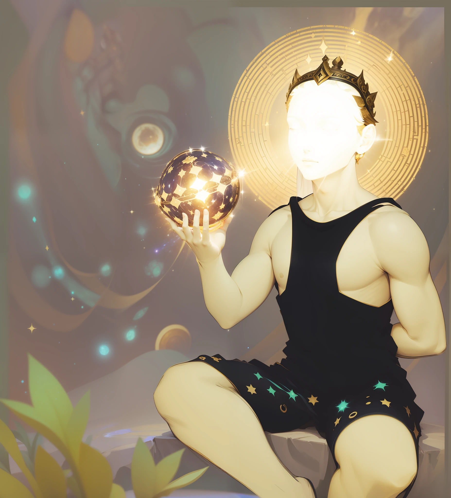 "Being a deity with a gleaming, glowing face and emanating light, you are sitting in the universe surrounded by galaxies. Wearing a crown of light and the sunshine, holding magic cards, reveal your majestic presence."