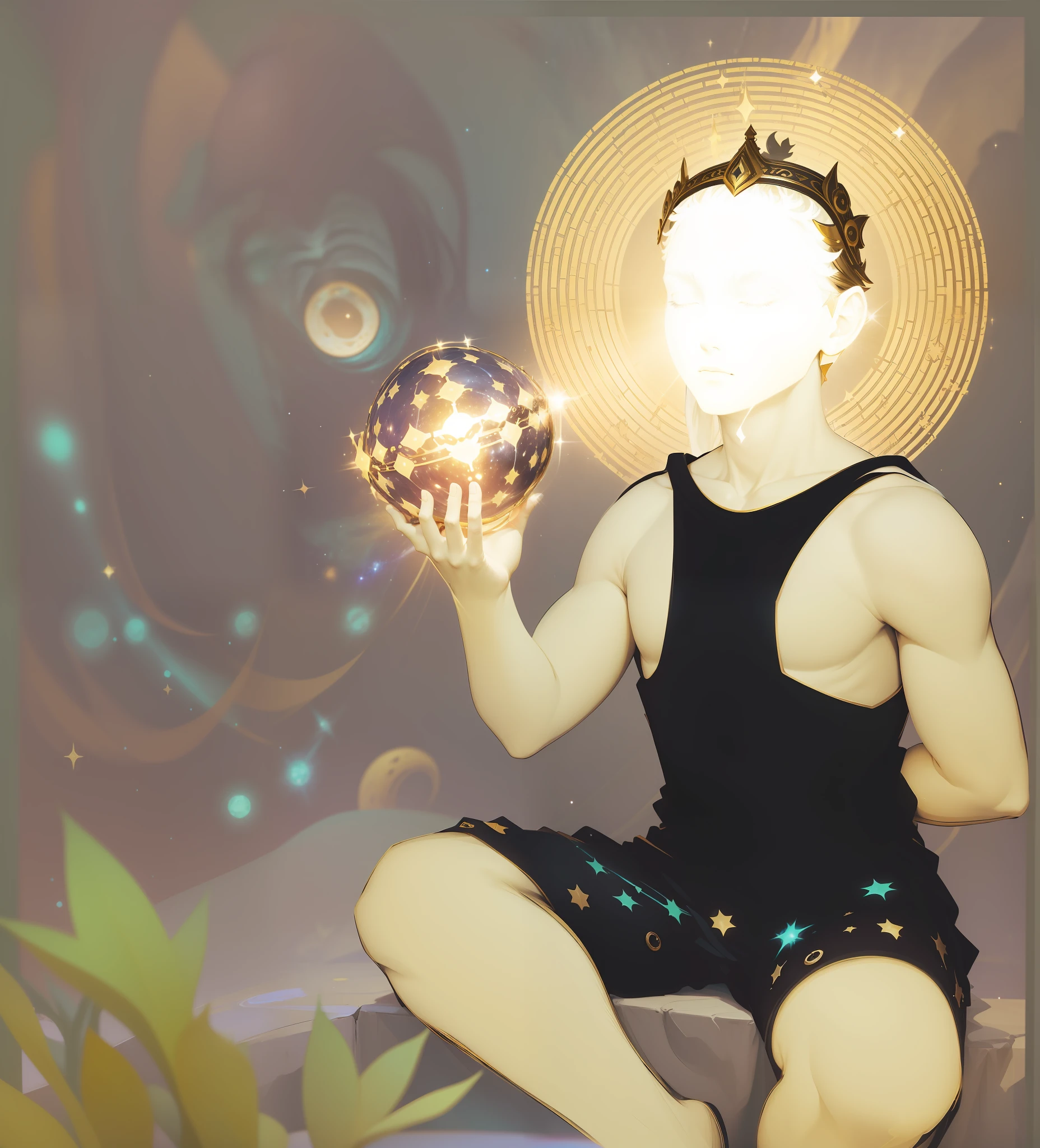 "Being a deity with a gleaming, glowing face and emanating light, you are sitting in the universe surrounded by galaxies. Wearing a crown of light and the sunshine, holding magic cards, reveal your majestic presence."