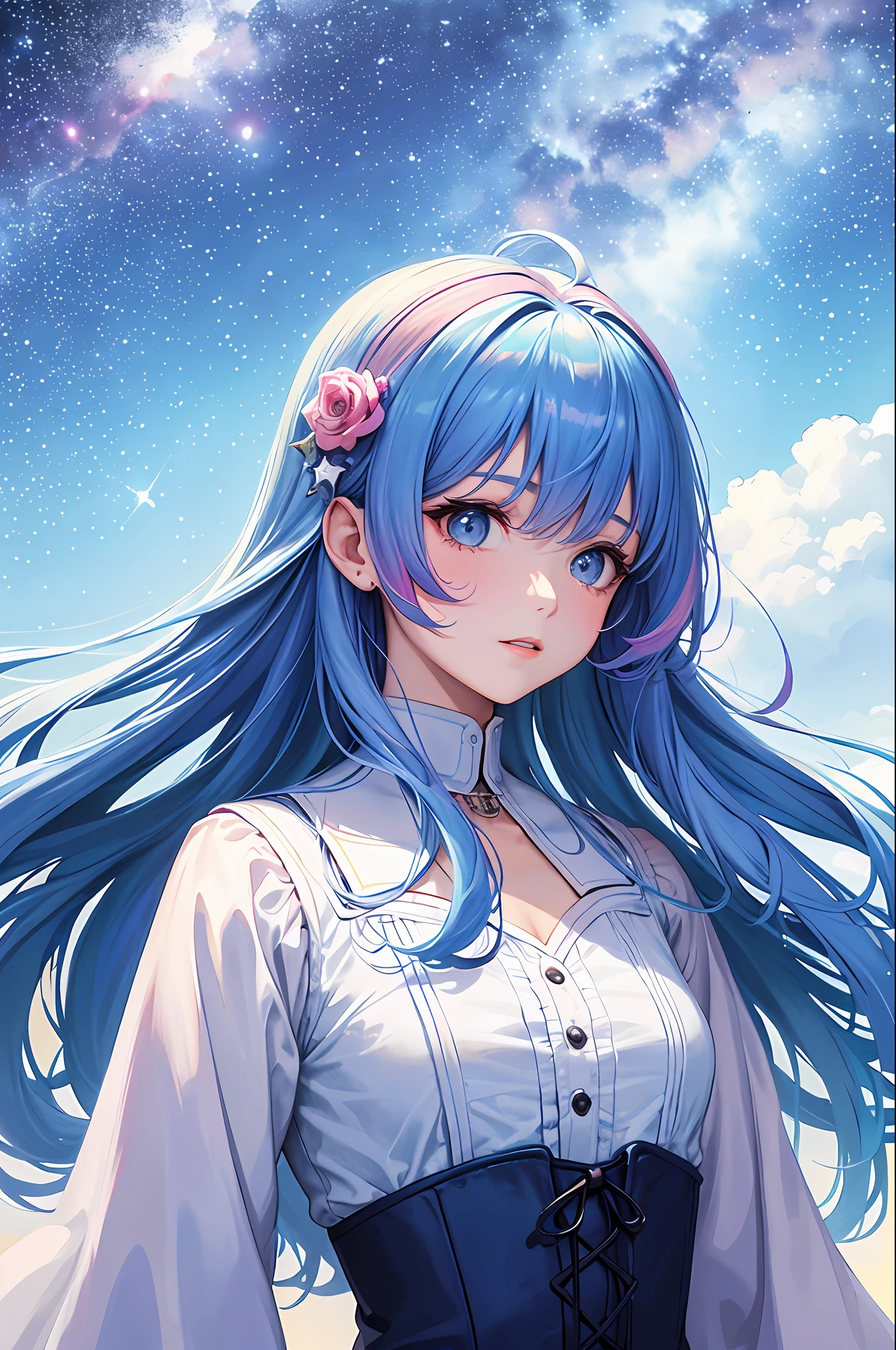 Face Up, (Masterpiece, Best Quality, Best Quality, Watercolor (Medium), Official Art, Beautiful and Aesthetic: 1.2), (1 Girl: 1.3), (Fractal Art: 1.3), Upper Body, From the Side, Look at the Viewer, Pattern, (Iridescent Hair, Colorful Hair, Half Blue and Half Pink Hair: 1.2), Water, Liquid, Clouds, Colorful, Starry Sky, Stars, Glitter