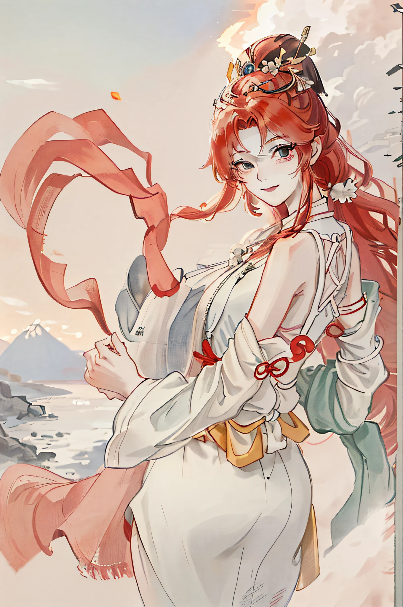 "Generate an image of a red-haired girl approximately 1.60 to 1.65 meters tall. She has a symmetrical body and long hair up to her butt. Her face should resemble that of Mushoku Tensei's character Eris. The body style should be athletic, with a girlish appearance that does gym.

The anime trait should mimic the cartoon style of the Mushoku Tensei anime, especially the character Eris. The girl should have a happy expression, looking towards the perspective of the observer as the main focus of the image.

The scenery should be a mountain at sunset, with a yellowish tint. The girl must be smiling widely.

Highlight the red-haired girl as the main element of the image, leaving the background blurry to create an angelic effect and make her stand out even more."