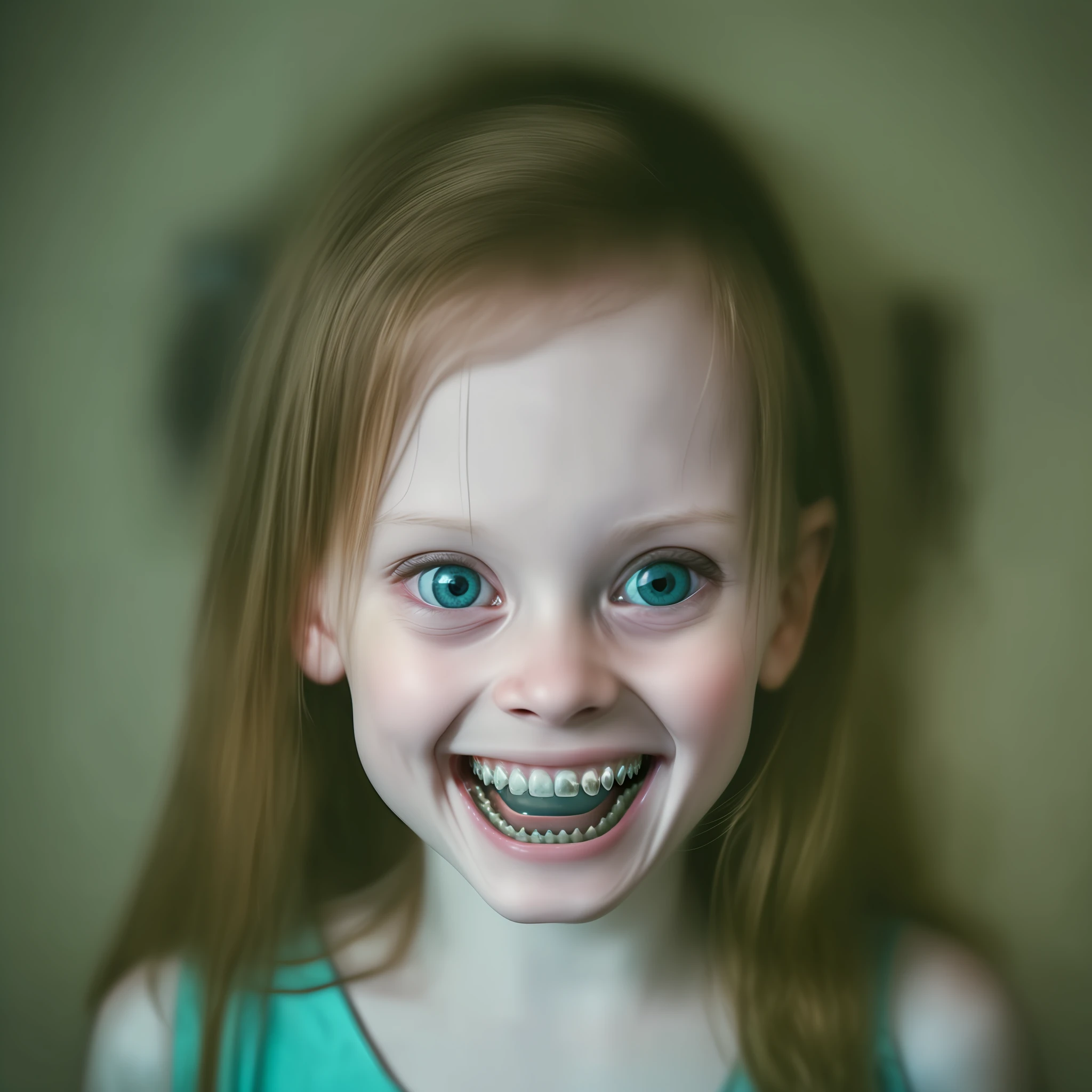 ((realistic photography: 1.2)), 1girl, big terrifying eyes, (crazy smile), open mouth, ((many pointy teeth: 1.2)), pale skin, huge eyes, ((extreme close: 1.2)), horrible eyesight , dark photography, dark depressing room, cinematographic.