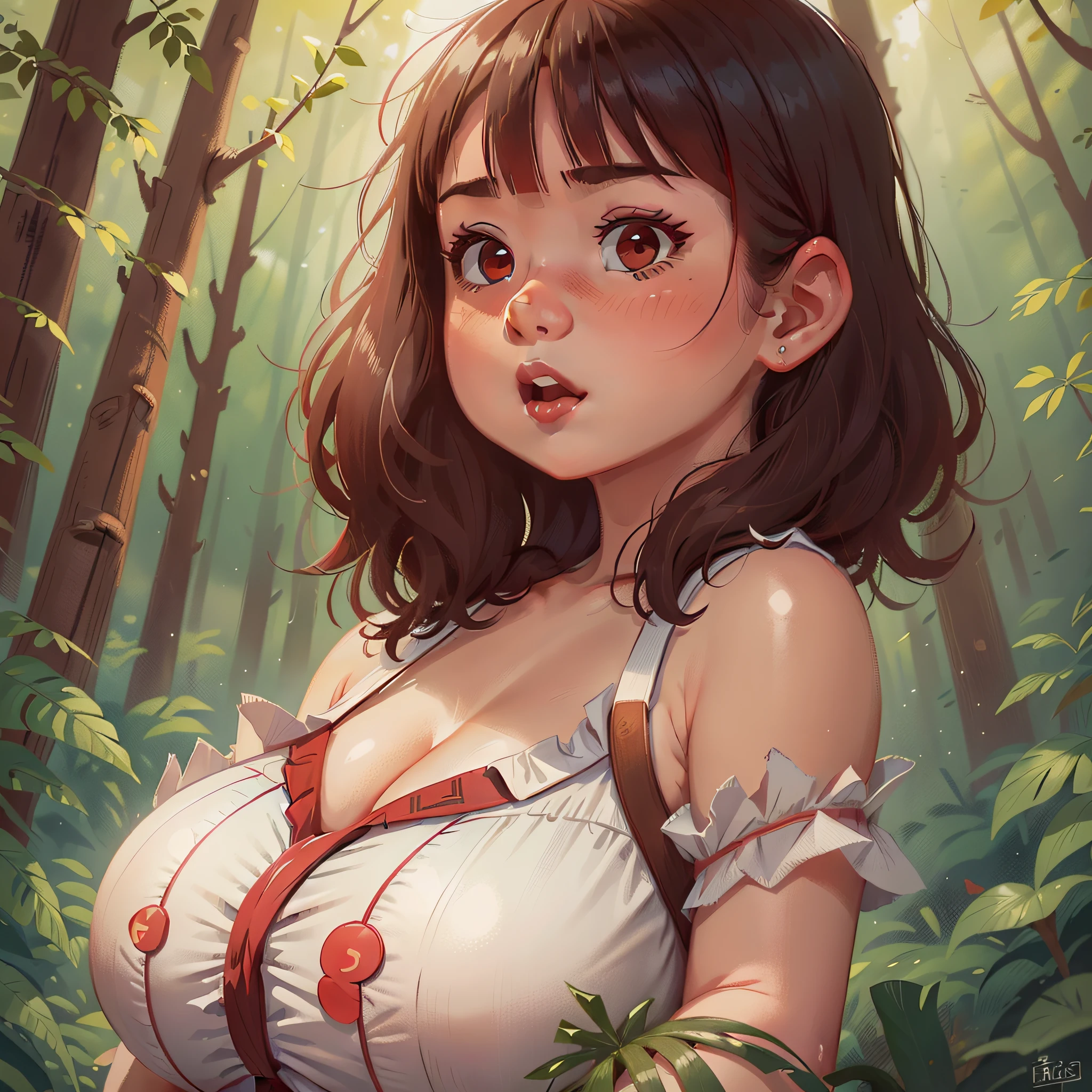 A Cute Girl with white skin, sexy young body, size (small), chubby, short hair (up to the shoulders) red and wavy [with black tones], shades of red [bright], bbwchan, big breasts, white peasant clothes, round face, with a rabbit, realistic lighting, Radiosity, in a woods, Close Up.