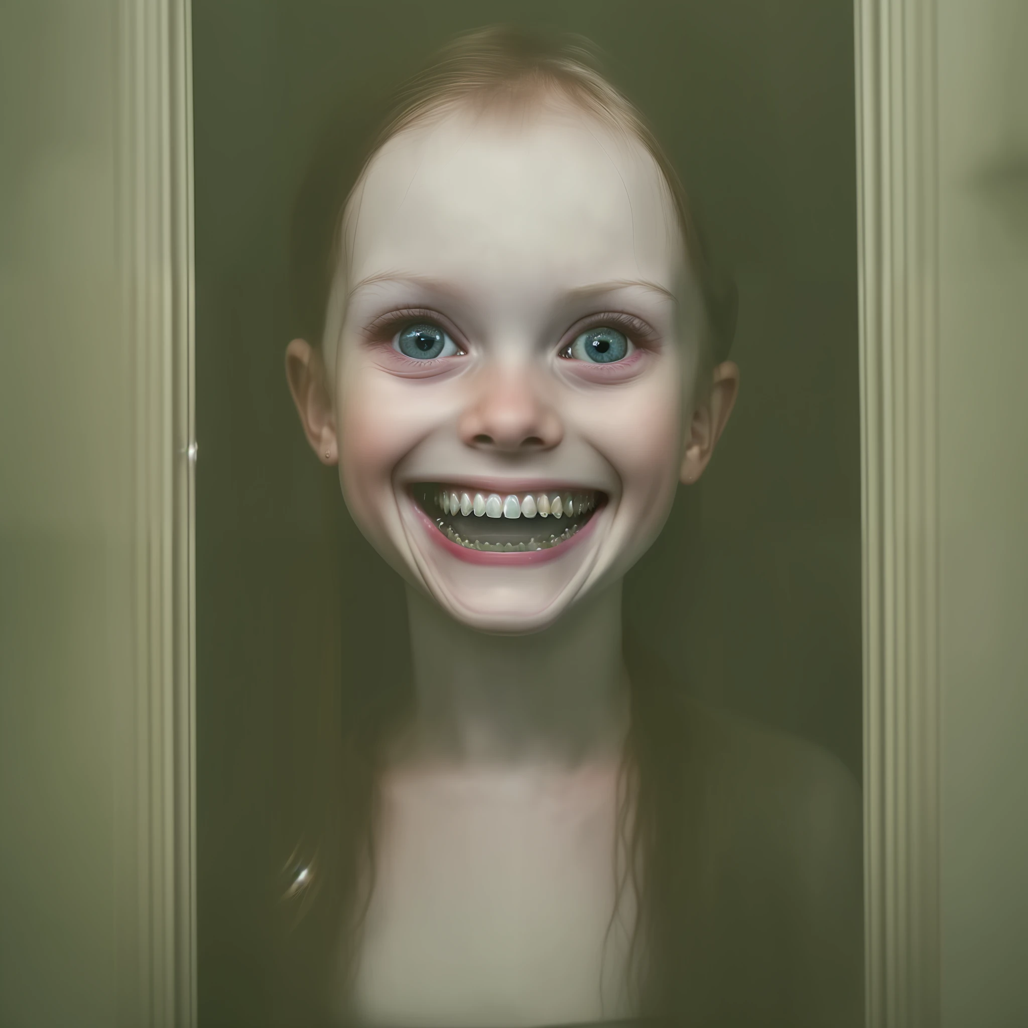 ((realistic photography: 1.2)), 1girl, big terrifying eyes, (crazy smile), open mouth, ((many pointy teeth: 1.2)), pale skin, huge eyes, ((extreme close: 1.2)), horrible eyesight , dark photography, dark depressing room, cinematographic.