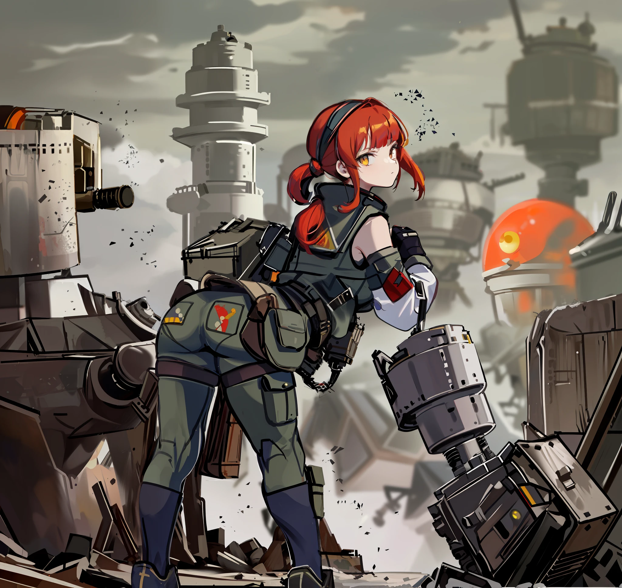 Slavic Girl. (masterpiece:1.2), (best quality:1.3), 1girl, framed from rear, sticking out butt, bending over, looking off into battlefield, diesel-punk, Russian tanker uniform, soldier, sci-fi, hazmat, soviet, cosmonaut, big baggy sleeves, (red hair), (yellow eyes), (pony tail), (long bangs), (vibrant eyes), (large hips), (thick thighs)