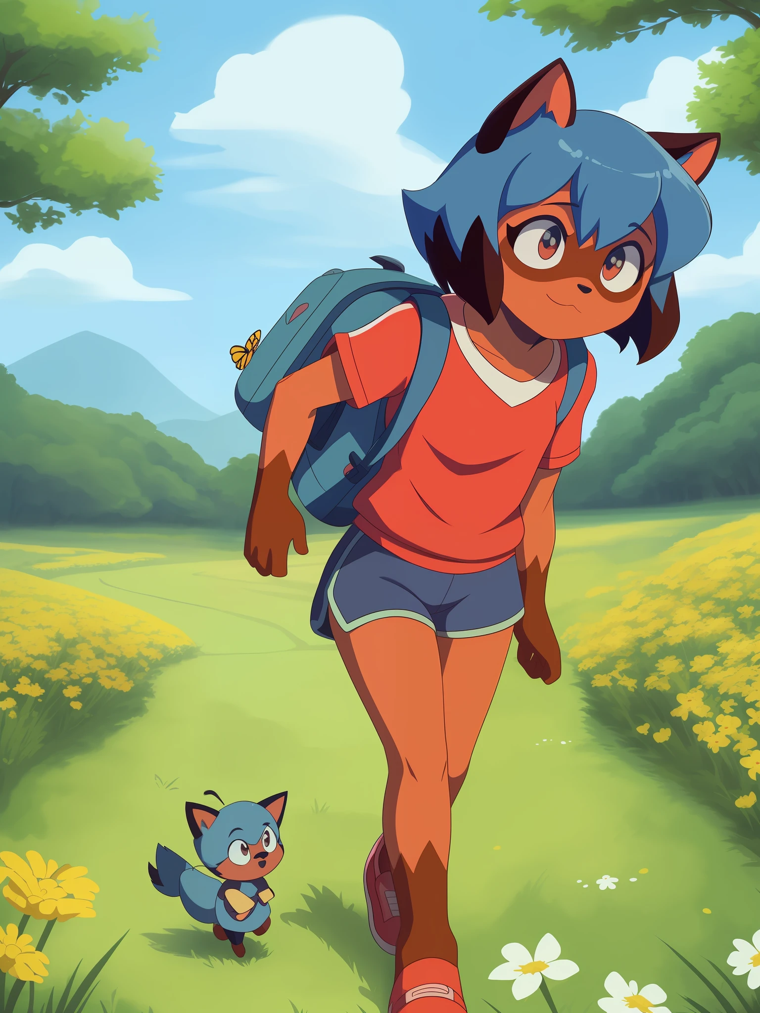 An incredibly charming little Michiru Kagemori carrying a backpack, accompanied by her adorable puppy, enjoying a lovely spring outing surrounded by beautiful yellow flowers and natural scenery. The illustration is in high definition at 4k resolution, with highly-detailed facial features and cartoon-style visuals, (Butterfly Dance)