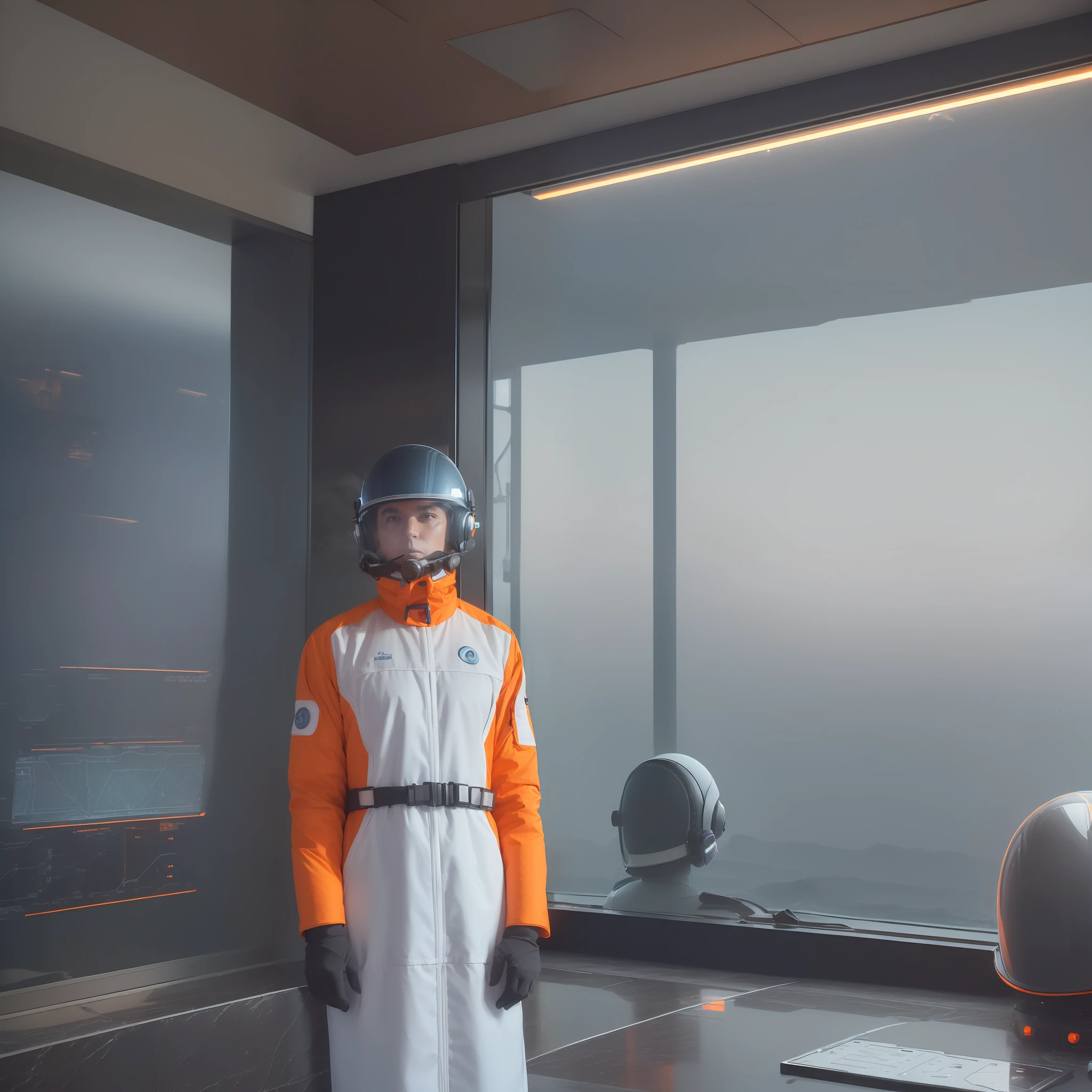 (((winter dusk and smoke))) ocean mist, ((inside wide cinematic view))) inside control office with large panoramic window with artic ((ocean view)), top floor, ocean supertall tower, sci-fi (((sci-fi instrument panels on one side))), (((crew member standing, orange white uniform and helmet )))((retrofuturistic 1970s)))