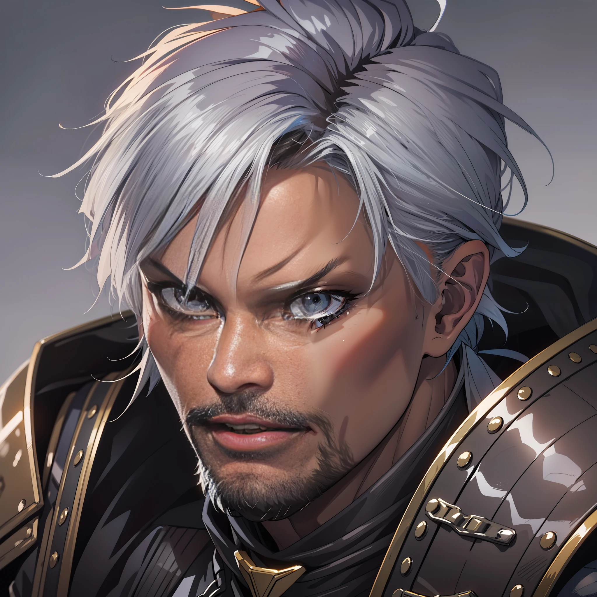 Portrait Rpg, close-up, Vector Art, High quality, Race: human, Gender: Male, Age: 95 years, Eyes color: black, Skin color: Light skin with grey shades, Physique: normal complexion, Facial features: Skin without marks, Expression: Serious look, Hairstyle: Gray gray hair, Equipment: leather armor, Background: tavern