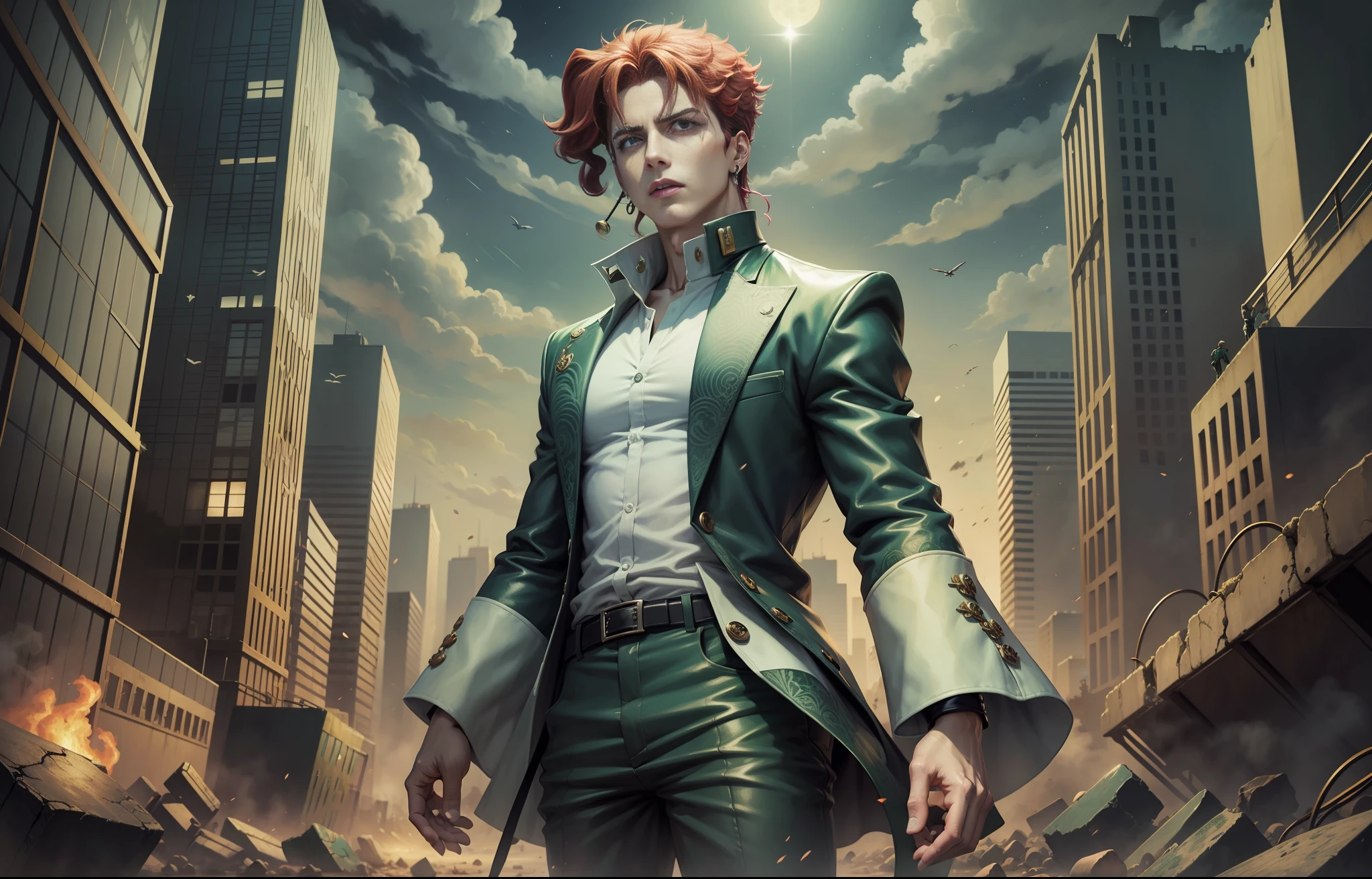 Kakyoin sing in a ruined city, jojo's bizarre Adventure, hd, good eye, nobody, one man, night, blum sky