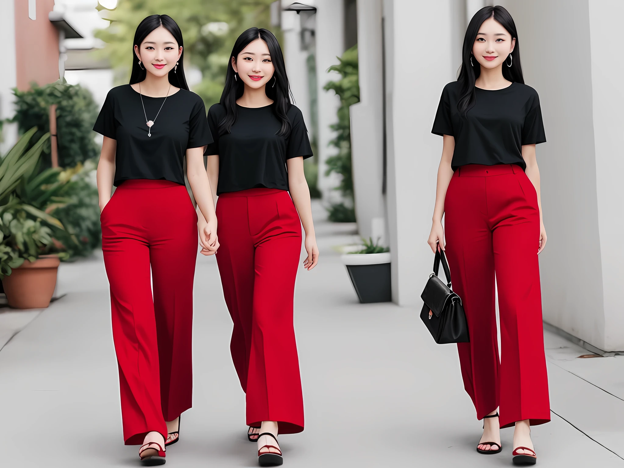 Top: Black T-shirt; Bottoms: Red wide-leg pants