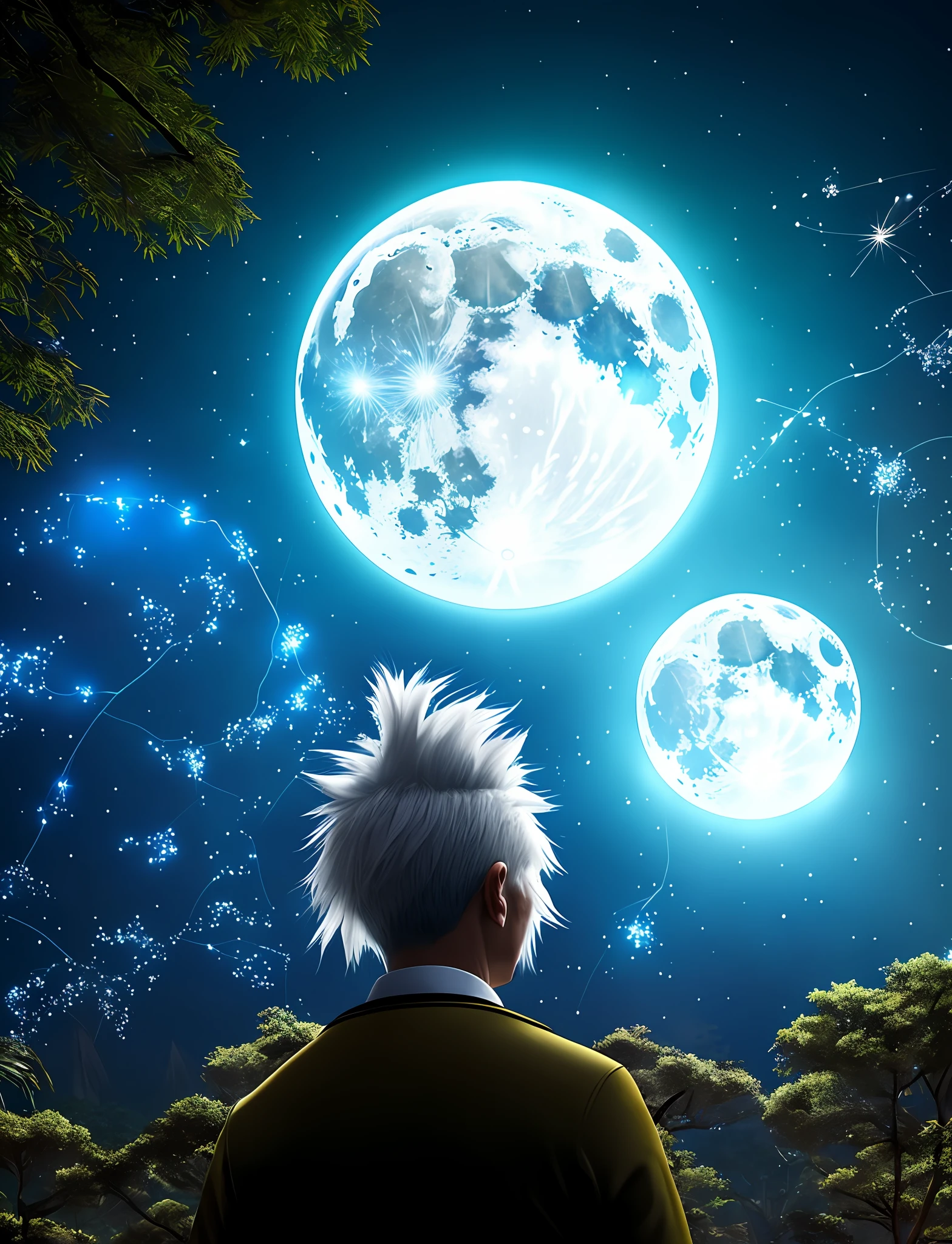 Moon behind character, man, bigger ears, tails with electric sparks, blue aura around body, strong slim body, strong muscles, 4K, ultra realistic, white hair, white cades with blue electricity sparks, top moon behind kimono, snow scenery, beautiful scenery, cenário de neve, cenário de floresta, floresta de cenário de fundo