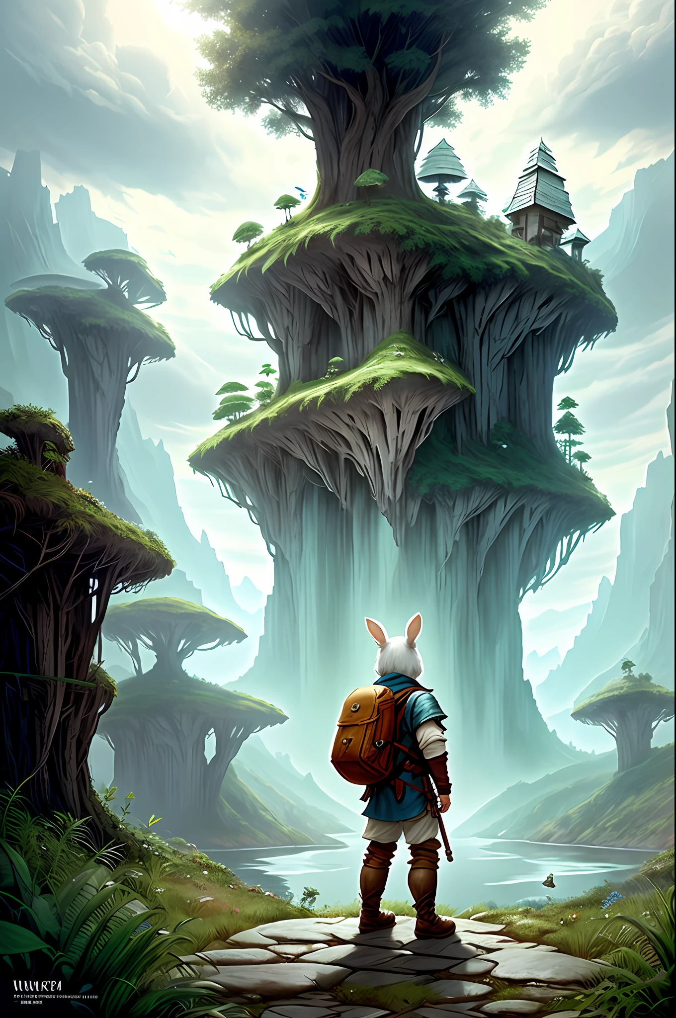 classicnegative portrait photo, fantasy video game character concept art, a cute white fluffy rabbit wearing a small brown leather backpack looking at a map hiking through a forest, dungeons and dragons, fantasy, river, haze, halation, bloom, dramatic atmosphere, 1970s dark fantasy movie, centred, rule of thirds