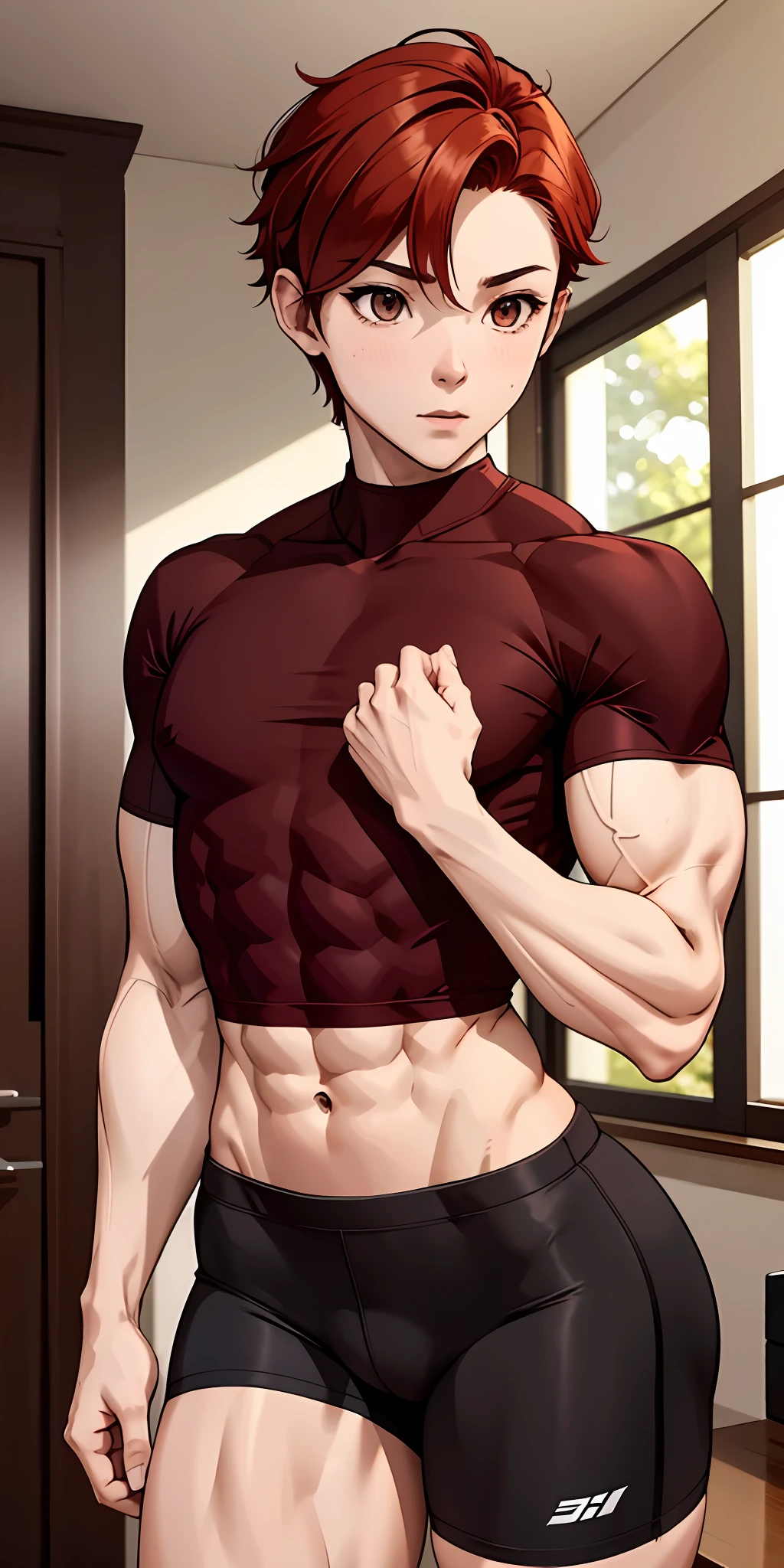 Boy, male body, adult, girl face, seductive face, seductive look, redhead, short wolf hair, perfect body, fit body, fulfilled sleeve shirt, muscular, small chest, cycling shorts with pretuberance, pretuberance, sissy, femboy